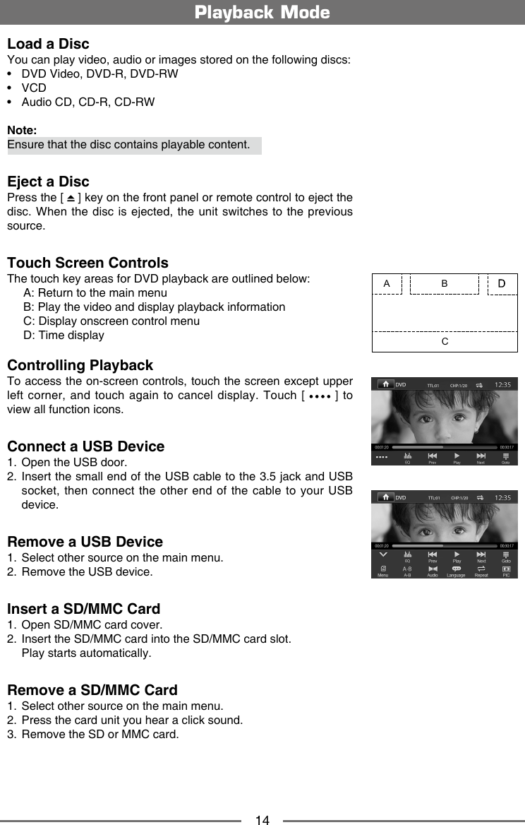 14Load a DiscYou can play video, audio or images stored on the following discs:&bull;  DVD Video, DVD-R, DVD-RW&bull;  VCD&bull;  Audio CD, CD-R, CD-RWNote:Ensure that the disc contains playable content. Eject a DiscPress the [   ] key on the front panel or remote control to eject the disc. When  the disc is  ejected, the unit  switches to the  previous source.Touch Screen ControlsThe touch key areas for DVD playback are outlined below:     A: Return to the main menu     B: Play the video and display playback information     C: Display onscreen control menu     D: Time displayControlling PlaybackTo access the on-screen controls, touch the screen except upper left corner, and touch  again  to cancel display. Touch [    ]  to view all function icons. Connect a USB Device1.  Open the USB door.2.   Insert the small end of the USB cable to the 3.5 jack and USB socket, then connect  the other end of  the  cable to your USB device.Remove a USB Device1.  Select other source on the main menu.2.  Remove the USB device.Insert a SD/MMC Card1.  Open SD/MMC card cover.2.  Insert the SD/MMC card into the SD/MMC card slot.  Play starts automatically.Remove a SD/MMC Card1.  Select other source on the main menu.2.  Press the card unit you hear a click sound.3.  Remove the SD or MMC card.Playback ModeBCA