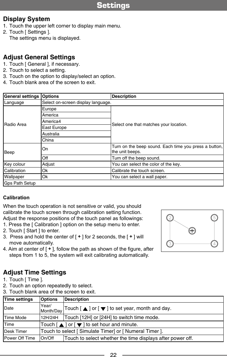 22Display System1.  Touch the upper left corner to display main menu. 2.  Touch [ Settings ].  The settings menu is displayed.Adjust General Settings1.  Touch [ General ], if necessary.2.  Touch to select a setting.3.  Touch on the option to display/select an option.4.  Touch blank area of the screen to exit. General settings Options DescriptionLanguage Select on-screen display language.Radio AreaEuropeSelect one that matches your location.AmericaAmerica4East EuropeAustraliaChinaBeep On Turn on the beep sound. Each time you press a button, the unit beeps.Off Turn off the beep sound.Key colour Adjust You can select the color of the key.Calibration Ok Calibrate the touch screen.Wallpaper Ok You can select a wall paper.Gps Path SetupCalibrationWhen the touch operation is not sensitive or valid, you should calibrate the touch screen through calibration setting function.Adjust the response positions of the touch panel as followings:1. Press the [ Calibration ] option on the setup menu to enter.2. Touch [ Start ] to enter.3.  Press and hold the center of [ + ] for 2 seconds, the [ + ] will move automatically.4. Aim at center of [ + ], follow the path as shown of the gure, after steps from 1 to 5, the system will exit calibrating automatically.Adjust Time Settings1.  Touch [ Time ].2.  Touch an option repeatedly to select.3.  Touch blank area of the screen to exit. Time settings Options DescriptionDate Year/Month/Day Touch [   ] or [   ] to set year, month and day.Time Mode 12H/24H Touch [12H] or [24H] to switch time mode.Time Touch [   ] or [   ] to set hour and minute.Desk Timer Touch to select [ Simulate Timer] or [ Numeral Timer ].Power Off Time On/Off Touch to select whether the time displays after power off.Settings