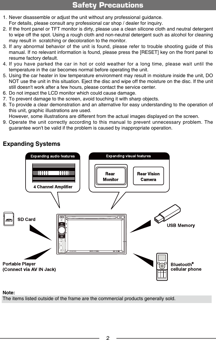 21.  Never disassemble or adjust the unit without any professional guidance.  For details, please consult any professional car shop / dealer for inquiry.2.   If the front panel or TFT monitor is dirty, please use a clean silicone cloth and neutral detergent to wipe off the spot. Using a rough cloth and non-neutral detergent such as alcohol for cleaning may result in  scratching or decoloration to the monitor.3.  If  any  abnormal behavior of the unit  is found, please refer to  trouble  shooting guide of this manual. If no relevant information is found, please press the [RESET] key on the front panel to resume factory default.4.   If  you  have  parked  the  car  in  hot  or  cold  weather  for  a  long  time,  please  wait  until  the temperature in the car becomes normal before operating the unit.5.   Using the car heater in low temperature environment may result in moisture inside the unit, DO NOT use the unit in this situation. Eject the disc and wipe off the moisture on the disc. If the unit still doesn't work after a few hours, please contact the service center.6.   Do not impact the LCD monitor which could cause damage.7.  To prevent damage to the screen, avoid touching it with sharp objects.8.   To provide a clear demonstration and an alternative for easy understanding to the operation of this unit, graphic illustrations are used.   However, some illustrations are different from the actual images displayed on the screen.9.  Operate the unit correctly according to this manual to prevent unnecessary  problem.  The guarantee won't be valid if the problem is caused by inappropriate operation.Safety PrecautionsNote:The items listed outside of the frame are the commercial products generally sold.Expanding Systems