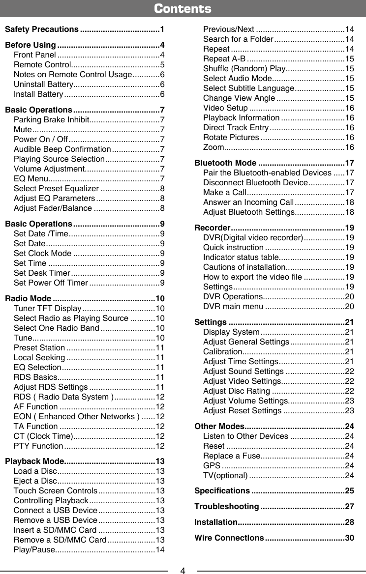 4ContentsSafety Precautions ...................................1Before Using .............................................4Front Panel .............................................4Remote Control.......................................5Notes on Remote Control Usage ............6Uninstall Battery......................................6Install Battery ..........................................6Basic Operations ......................................7Parking Brake Inhibit...............................7Mute ........................................................7Power On / Off ........................................7Audible Beep Conrmation .....................7Playing Source Selection ........................7Volume Adjustment.................................7EQ Menu.................................................7Select Preset Equalizer ..........................8Adjust EQ Parameters ............................8Adjust Fader/Balance .............................8Basic Operations ......................................9Set Date /Time ........................................9Set Date ..................................................9Set Clock Mode ......................................9Set Time .................................................9Set Desk Timer .......................................9Set Power Off Timer ...............................9Radio Mode .............................................10Tuner TFT Display ................................10Select Radio as Playing Source ...........10Select One Radio Band ........................10Tune......................................................10Preset Station .......................................11Local Seeking .......................................11EQ Selection .........................................11RDS Basics...........................................11Adjust RDS Settings .............................11RDS ( Radio Data System ) ..................12AF Function ..........................................12EON ( Enhanced Other Networks ) ......12TA Function ..........................................12CT (Clock Time)....................................12PTY Function ........................................12Playback Mode........................................13Load a Disc ...........................................13Eject a Disc ...........................................13Touch Screen Controls .........................13Controlling Playback .............................13Connect a USB Device .........................13Remove a USB Device .........................13Insert a SD/MMC Card .........................13Remove a SD/MMC Card .....................13Play/Pause............................................14Previous/Next .......................................14Search for a Folder ...............................14Repeat ..................................................14Repeat A-B ...........................................15Shufe (Random) Play..........................15Select Audio Mode................................15Select Subtitle Language ......................15Change View Angle ..............................15Video Setup ..........................................16Playback Information ............................16Direct Track Entry .................................16Rotate Pictures .....................................16Zoom.....................................................16Bluetooth Mode ......................................17Pair the Bluetooth-enabled Devices .....17Disconnect Bluetooth Device ................17Make a Call ...........................................17Answer an Incoming Call ......................18Adjust Bluetooth Settings......................18Recorder ..................................................19DVR(Digital video recorder) ..................19Quick instruction ...................................19Indicator status table.............................19Cautions of installation..........................19How to export the video le ..................19Settings .................................................19DVR Operations....................................20DVR main menu ...................................20Settings ...................................................21Display System .....................................21Adjust General Settings ........................21Calibration.............................................21Adjust Time Settings .............................21Adjust Sound Settings ..........................22Adjust Video Settings............................22Adjust Disc Rating ................................22Adjust Volume Settings.........................23Adjust Reset Settings ...........................23Other Modes ............................................24Listen to Other Devices ........................24Reset ....................................................24Replace a Fuse.....................................24GPS ......................................................24TV(optional) ..........................................24Specications .........................................25Troubleshooting .....................................27Installation ...............................................28Wire Connections ...................................30