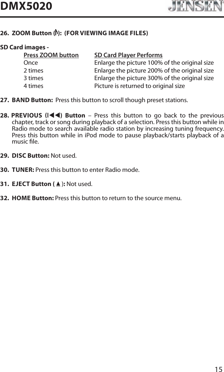 15DMX502026.  ZOOM Button ( ):  (FOR VIEWING IMAGE FILES)SD Card images - Press ZOOM button SD Card Player Performs  Once       Enlarge the picture 100% of the original size        2 times       Enlarge the picture 200% of the original size        3 times       Enlarge the picture 300% of the original size        4 times      Picture is returned to original size27.  BAND Button:  Press this button to scroll though preset stations.28.  PREVIOUS ltt)  Button &ndash; Press this button to go back to the previous  chapter, track or song during playback of a selection. Press this button while in Radio mode to search available radio station by increasing tuning frequency. Press this button while in iPod mode to pause playback/starts playback of a music le.29.  DISC Button: Not used.30.  TUNER: Press this button to enter Radio mode. 31.  EJECT Button (   ): Not used.32.  HOME Button: Press this button to return to the source menu. 