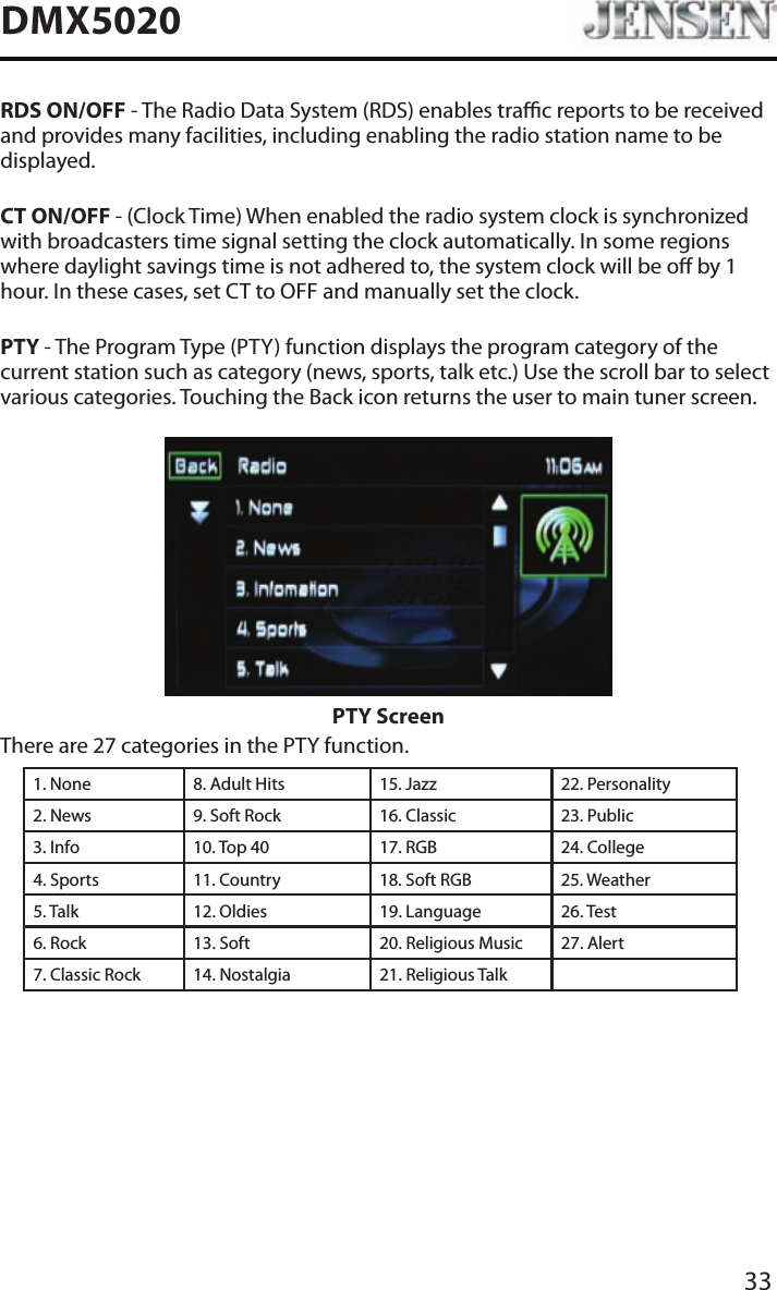 33DMX5020RDS ON/OFF - The Radio Data System (RDS) enables trac reports to be received and provides many facilities, including enabling the radio station name to be displayed.CT ON/OFF - (Clock Time) When enabled the radio system clock is synchronized with broadcasters time signal setting the clock automatically. In some regions where daylight savings time is not adhered to, the system clock will be o by 1 hour. In these cases, set CT to OFF and manually set the clock.PTY - The Program Type (PTY) function displays the program category of the current station such as category (news, sports, talk etc.) Use the scroll bar to select various categories. Touching the Back icon returns the user to main tuner screen.PTY ScreenThere are 27 categories in the PTY function.1. None 8. Adult Hits 15. Jazz 22. Personality2. News 9. Soft Rock 16. Classic  23. Public3. Info 10. Top 40 17. RGB 24. College4. Sports 11. Country 18. Soft RGB 25. Weather5. Talk 12. Oldies 19. Language 26. Test6. Rock 13. Soft 20. Religious Music 27. Alert7. Classic Rock 14. Nostalgia 21. Religious Talk