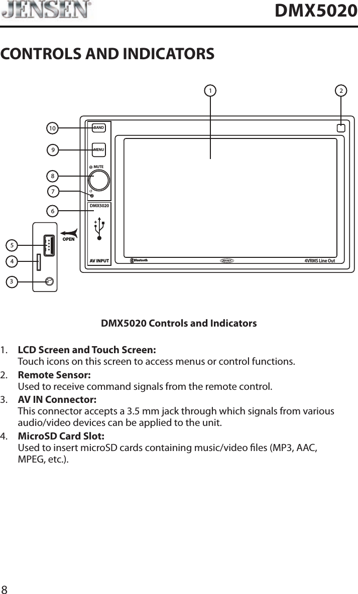 8DMX5020CONTROLS AND INDICATORSDMX5020AV INPUTBANDMENUMUTEBluetooth4VRMS Line OutOPEN10986754321DMX5020 Controls and Indicators1.   LCD Screen and Touch Screen: Touch icons on this screen to access menus or control functions.2.   Remote Sensor: Used to receive command signals from the remote control.3.   AV IN Connector: This connector accepts a 3.5 mm jack through which signals from various audio/video devices can be applied to the unit.4.   MicroSD Card Slot: Used to insert microSD cards containing music/video les (MP3, AAC,  MPEG, etc.).
