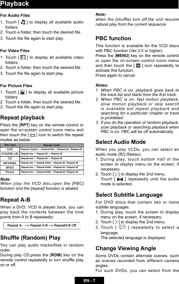 EN - 7PlaybackFor Audio Files1.  Touch  [   ] to display all available audio folders.2.  Touch a folder, then touch the desired le. 3.  Touch the le again to start play.For Video Files1.  Touch  [   ] to display all available video folders.2.  Touch a folder, then touch the desired le. 3.  Touch the le again to start play.For Picture Files1.  Touch [   ] to display all available picture folders2.  Touch a folder, then touch the desired le. 3.  Touch the le again to start play.Repeat playbackPress the [RPT] key on the remote control or open the on-screen control icons menu and then touch the [   ] icon to switch the repeat modes as below:Note:When play the VCD disc,open the [PBC] function and the [repeat] function is abated.Repeat A-BWhen a DVD, VCD is played back, you can play back the contents between the time points from A to B repeatedly:Shufe (Random) PlayYou can play audio tracks/files in random order.During play CD,press the [RDM] key on the remote control repeatedly to turn shufe play on or off.Note:when the [shuffle] turn off,the unit resume natural play from the current sequence.PBC functionThis function is available for the VCD discs with PBC function (Ver 2.0 or higher).Press the [MENU] key on the remote control or open the on-screen control icons menu and then touch the [   ] icon repeatedly to activate this function.Press again to cancel.Notes:1.  When PBC is on, playback goes back to the track list and starts from the rst track.2. When PBC is on, fast motion playback, slow motion playback or skip search is available but repeat playback and searching for a particular chapter or track is prohibited.3.  If you do the operation of random playback, scan playback or searching playback when PBC is on, PBC will be off automatically.Select Audio ModeWhen you play VCDs, you can select an audio mode (R/L/Stereo).1. During play, touch bottom half of the screen to display menu on the screen, if necessary.2.  Touch [   ] to display the 2nd menu.  Touch [   ] repeatedly until the audio mode is selected.Select Subtitle LanguageFor DVD discs that contain two or more subtitle languages.1. During play, touch the screen to display menu on the screen, if necessary.2.  Touch [   ] to display the 2nd menu.3.  Touch  [   ] repeatedly to select a language.  The selected language is displayed.Change Viewing AngleSome DVDs contain alternate scenes, such as scenes recorded from different camera angles. For such DVDs, you can select from the Repeat chapter ė Repeat title ėDVDVCD(PBC off) Repeat one ė Repeat all ėRepeat offMP3/WMADisctype RepeatmodePictureCDMPEGRepeat one ėRepeat all ėRepeat offRepeat allėRepeat offRepeat one ė Repeat folder ėRepeat allėRepeat offRepeat one ė Repeat folder ėRepeat allėRepeat offRepeat one ė Repeat folder ėRepeat allėRepeat offRepeat A- ėRepeat A-B RepeatA-B Offė