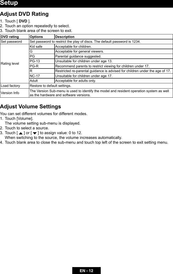 EN - 12Adjust DVD Rating1.  Touch [ DVD ].2.  Touch an option repeatedly to select.3.  Touch blank area of the screen to exit. DVD rating Options DescriptionSet password Set password to restrict the play of discs. The default password is 1234.Rating levelKid safe Acceptable for children.GAcceptable for general viewers.PG Parental guidance suggested.PG-13 Unsuitable for children under age 13.PG-R Recommend parents to restrict viewing for children under 17.R Restricted re-parental guidance is advised for children under the age of 17.NC-17 Unsuitable for children under age 17.Adult Acceptable for adults only.Load factory Restore to default settings.Version Info The Version Sub-menu is used to identify the model and resident operation system as well as the hardware and software versions.Adjust Volume SettingsYou can set different volumes for different modes. 1.  Touch [Volume].  The volume setting sub-menu is displayed.2.  Touch to select a source.3.  Touch [   ] or [   ] to assign value: 0 to 12.  When switching to the source, the volume increases automatically.4.  Touch blank area to close the sub-menu and touch top left of the screen to exit setting menu.Setup