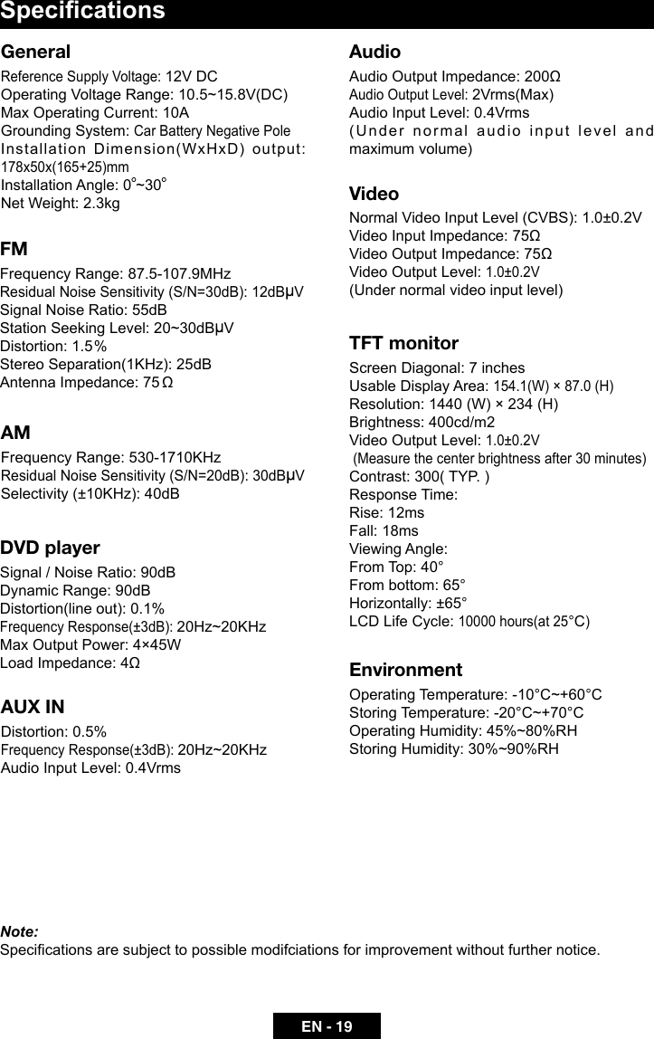 EN - 19SpecicationsGeneralReference Supply Voltage: 12V DC Operating Voltage Range: 10.5~15.8V(DC)Max Operating Current: 10AGrounding System: Car Battery Negative PoleInstallation Dimension(WxHxD) output: 178x50x(165+25)mmInstallation Angle: 0 ~30Net Weight: 2.3kgFM Frequency Range: 87.5-107.9MHzResidual Noise Sensitivity (S/N=30dB): 12dB   VSignal Noise Ratio: 55dBStation Seeking Level: 20~30dB   VDistortion: 1.5 %Stereo Separation(1KHz): 25dBAntenna Impedance: 75 &Omega;AMFrequency Range: 530-1710KHzResidual Noise Sensitivity (S/N=20dB): 30dB   VSelectivity (&plusmn;10KHz): 40dBDVD playerSignal / Noise Ratio: 90dBDynamic Range: 90dBDistortion(line out): 0.1%Frequency Response(&plusmn;3dB): 20Hz~20KHzMax Output Power: 4&times;45WLoad Impedance: 4&Omega;AUX INDistortion: 0.5%Frequency Response(&plusmn;3dB): 20Hz~20KHzAudio Input Level: 0.4VrmsAudioAudio Output Impedance: 200&Omega;Audio Output Level: 2Vrms(Max)Audio Input Level: 0.4Vrms(Under normal audio input level and maximum volume)VideoNormal Video Input Level (CVBS): 1.0&plusmn;0.2VVideo Input Impedance: 75&Omega;Video Output Impedance: 75&Omega;Video Output Level: 1.0&plusmn;0.2V(Under normal video input level)TFT monitorScreen Diagonal: 7 inchesUsable Display Area: 154.1(W) &times; 87.0 (H)Resolution: 1440 (W) &times; 234 (H)Brightness: 400cd/m2Video Output Level: 1.0&plusmn;0.2V (Measure the center brightness after 30 minutes)Contrast: 300( TYP. )Response Time:Rise: 12msFall: 18msViewing Angle:From Top: 40&deg;From bottom: 65&deg;Horizontally: &plusmn;65&deg;LCD Life Cycle: 10000 hours(at 25&deg;C)EnvironmentOperating Temperature: -10&deg;C~+60&deg;CStoring Temperature: -20&deg;C~+70&deg;COperating Humidity: 45%~80%RHStoring Humidity: 30%~90%RHNote:Specications are subject to possible modifciations for improvement without further notice.