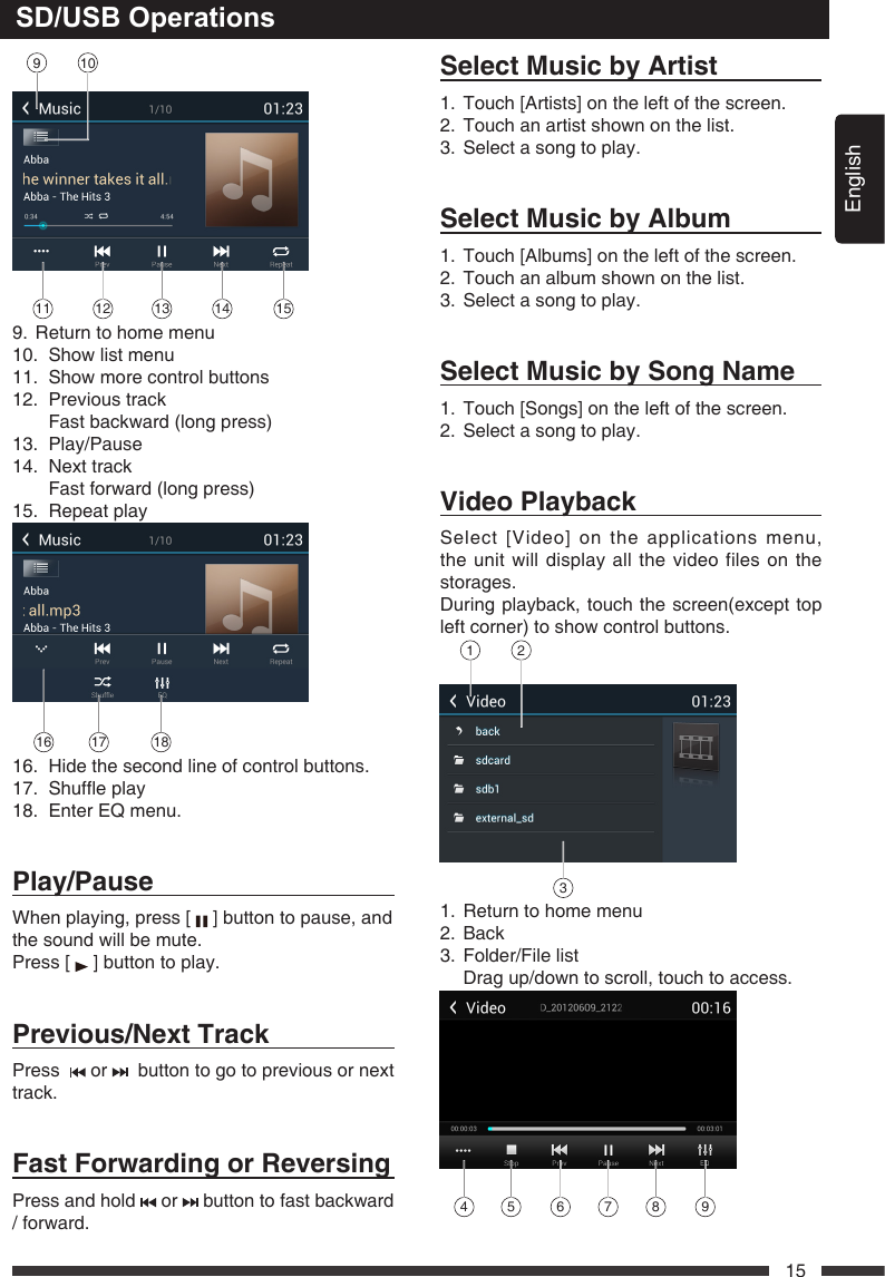 English15SD/USB Operations9 1011 12 13 14 159.  Return to home menu10.  Show list menu11.  Show more control buttons12.  Previous track    Fast backward (long press)13. Play/Pause14.  Next track    Fast forward (long press)15.  Repeat play16 17 1816.  Hide the second line of control buttons.17. Shufeplay18.  Enter EQ menu.Play/PauseWhen playing, press [   ] button to pause, and the sound will be mute.Press [   ] button to play.Previous/NextTrack Press     or    button to go to previous or next track.FastForwardingorReversing Press and hold   or   button to fast backward / forward.SelectMusicbyArtist1.  Touch [Artists] on the left of the screen.2.  Touch an artist shown on the list.3.  Select a song to play.SelectMusicbyAlbum1.  Touch [Albums] on the left of the screen.2.  Touch an album shown on the list.3.  Select a song to play.SelectMusicbySongName1.  Touch [Songs] on the left of the screen.2.  Select a song to play.VideoPlaybackSelect [Video] on the applications menu, the unit will display all the video files on the storages.During playback, touch the screen(except top left corner) to show control buttons.1 231.  Return to home menu2. Back3.  Folder/File list  Drag up/down to scroll, touch to access.4 5 6 7 8 9