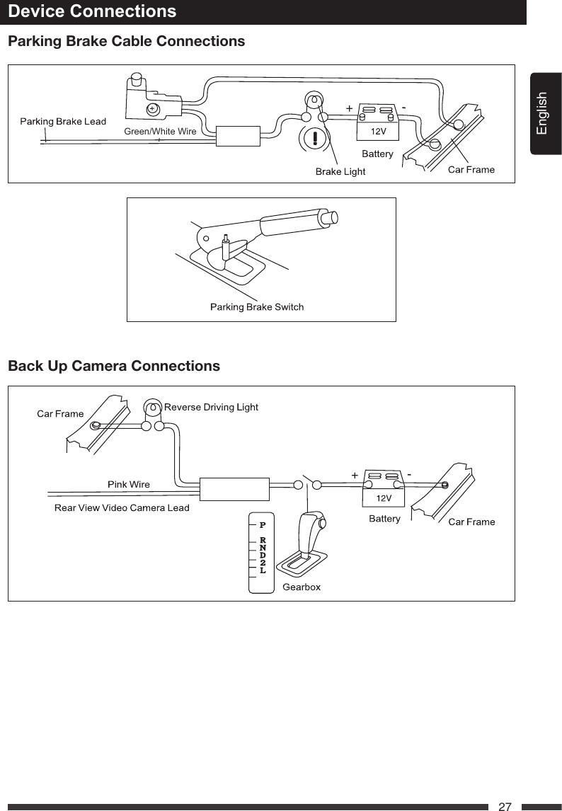 English27Parking Brake Cable ConnectionsBack Up Camera ConnectionsDevice ConnectionsGreen/White Wire