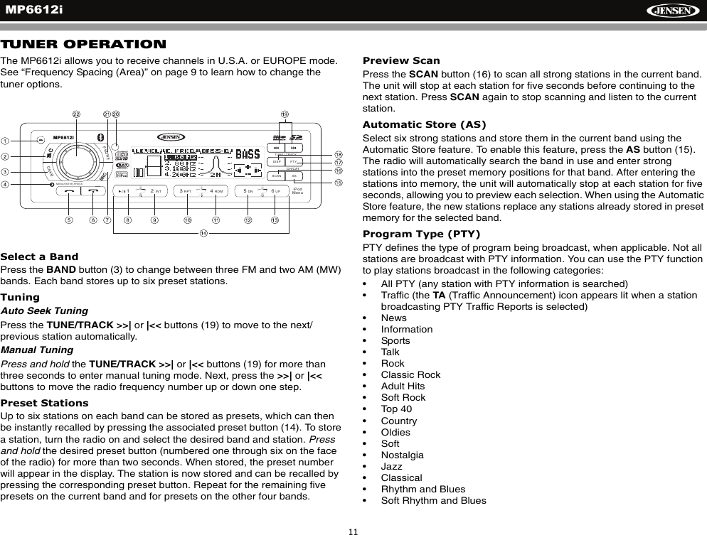 MP6612i11TUNER OPERATIONThe MP6612i allows you to receive channels in U.S.A. or EUROPE mode. See &ldquo;Frequency Spacing (Area)&rdquo; on page 9 to learn how to change the tuner options.Select a BandPress the BAND button (3) to change between three FM and two AM (MW) bands. Each band stores up to six preset stations.TuningAuto Seek TuningPress the TUNE/TRACK >>| or |<< buttons (19) to move to the next/previous station automatically.Manual TuningPress and hold the TUNE/TRACK >>| or |<< buttons (19) for more than three seconds to enter manual tuning mode. Next, press the >>| or |<<buttons to move the radio frequency number up or down one step.Preset StationsUp to six stations on each band can be stored as presets, which can then be instantly recalled by pressing the associated preset button (14). To store a station, turn the radio on and select the desired band and station. Pressand hold the desired preset button (numbered one through six on the face of the radio) for more than two seconds. When stored, the preset number will appear in the display. The station is now stored and can be recalled by pressing the corresponding preset button. Repeat for the remaining five presets on the current band and for presets on the other four bands.Preview ScanPress the SCAN button (16) to scan all strong stations in the current band. The unit will stop at each station for five seconds before continuing to the next station. Press SCAN again to stop scanning and listen to the current station.Automatic Store (AS)Select six strong stations and store them in the current band using the Automatic Store feature. To enable this feature, press the AS button (15). The radio will automatically search the band in use and enter strong stations into the preset memory positions for that band. After entering the stations into memory, the unit will automatically stop at each station for five seconds, allowing you to preview each selection. When using the Automatic Store feature, the new stations replace any stations already stored in preset memory for the selected band.Program Type (PTY)PTY defines the type of program being broadcast, when applicable. Not all stations are broadcast with PTY information. You can use the PTY function to play stations broadcast in the following categories: &bull; All PTY (any station with PTY information is searched)&bull; Traffic (the TA (Traffic Announcement) icon appears lit when a station broadcasting PTY Traffic Reports is selected)&bull; News&bull; Information&bull; Sports&bull; Talk&bull; Rock&bull; Classic Rock&bull; Adult Hits&bull; Soft Rock&bull; Top 40&bull; Country&bull; Oldies&bull; Soft&bull; Nostalgia&bull; Jazz&bull; Classical&bull; Rhythm and Blues&bull; Soft Rhythm and BluesDISP PTYASSCANPHONEBAND/2INT13RPT 4RDM 56DN UPRADIOREADYTUNE / TRACKMP6612iCH/CATMENU/ENTER-PRESSiPodMenuSRC