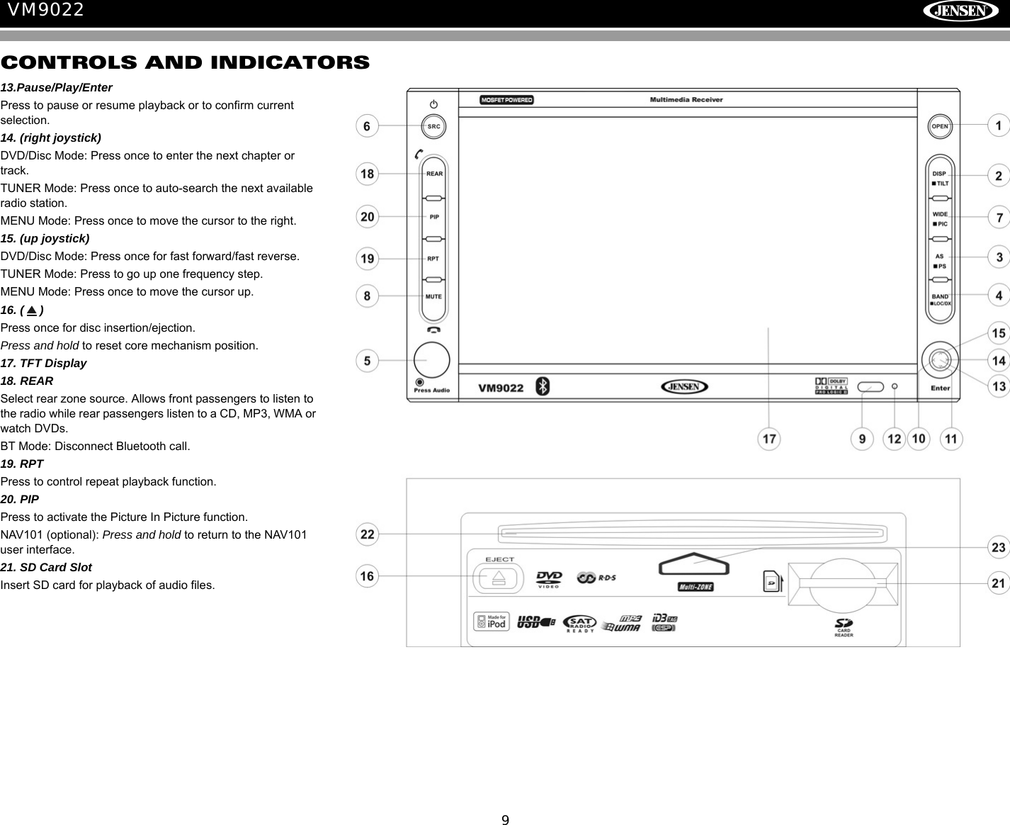 9VM9022CONTROLS AND INDICATORS13.Pause/Play/EnterPress to pause or resume playback or to confirm current selection.14. (right joystick)DVD/Disc Mode: Press once to enter the next chapter or track.TUNER Mode: Press once to auto-search the next available radio station. MENU Mode: Press once to move the cursor to the right.15. (up joystick)DVD/Disc Mode: Press once for fast forward/fast reverse.TUNER Mode: Press to go up one frequency step.MENU Mode: Press once to move the cursor up. 16. ( ) Press once for disc insertion/ejection.Press and hold to reset core mechanism position.17. TFT Display18. REARSelect rear zone source. Allows front passengers to listen to the radio while rear passengers listen to a CD, MP3, WMA or watch DVDs.BT Mode: Disconnect Bluetooth call.19. RPTPress to control repeat playback function.20. PIPPress to activate the Picture In Picture function. NAV101 (optional): Press and hold to return to the NAV101 user interface.21. SD Card SlotInsert SD card for playback of audio files.