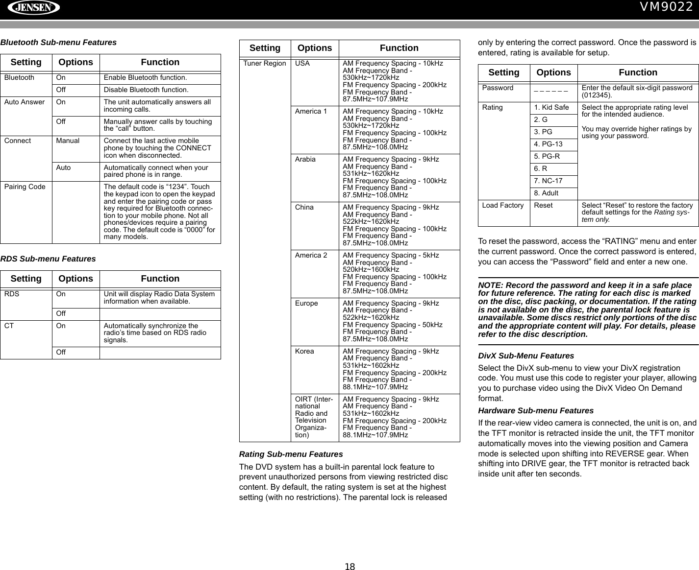 18VM9022Bluetooth Sub-menu FeaturesRDS Sub-menu FeaturesRating Sub-menu FeaturesThe DVD system has a built-in parental lock feature to prevent unauthorized persons from viewing restricted disc     content. By default, the rating system is set at the highest setting (with no restrictions). The parental lock is released only by entering the correct password. Once the password is entered, rating is available for setup.To reset the password, access the &ldquo;RATING&rdquo; menu and enter the current password. Once the correct password is entered, you can access the &ldquo;Password&rdquo; field and enter a new one.NOTE: Record the password and keep it in a safe place for future reference. The rating for each disc is marked on the disc, disc packing, or documentation. If the rating is not available on the disc, the parental lock feature is unavailable. Some discs restrict only portions of the disc and the appropriate content will play. For details, please refer to the disc description.DivX Sub-Menu FeaturesSelect the DivX sub-menu to view your DivX registration code. You must use this code to register your player, allowing you to purchase video using the DivX Video On Demand format.Hardware Sub-menu FeaturesIf the rear-view video camera is connected, the unit is on, and the TFT monitor is retracted inside the unit, the TFT monitor automatically moves into the viewing position and Camera mode is selected upon shifting into REVERSE gear. When shifting into DRIVE gear, the TFT monitor is retracted back inside unit after ten seconds.Setting Options FunctionBluetooth On Enable Bluetooth function.Off Disable Bluetooth function.Auto Answer On The unit automatically answers all incoming calls.Off Manually answer calls by touching the &ldquo;call&rdquo; button.Connect Manual Connect the last active mobile phone by touching the CONNECT icon when disconnected.Auto Automatically connect when your paired phone is in range.Pairing Code The default code is &ldquo;1234&rdquo;. Touch the keypad icon to open the keypad and enter the pairing code or pass key required for Bluetooth connec-tion to your mobile phone. Not all phones/devices require a pairing code. The default code is &ldquo;0000&rdquo; for many models.Setting Options FunctionRDS On Unit will display Radio Data System information when available.OffCT On Automatically synchronize the radio&rsquo;s time based on RDS radio signals.OffTuner Region USA AM Frequency Spacing - 10kHz AM Frequency Band - 530kHz~1720kHzFM Frequency Spacing - 200kHzFM Frequency Band - 87.5MHz~107.9MHzAmerica 1 AM Frequency Spacing - 10kHz AM Frequency Band - 530kHz~1720kHzFM Frequency Spacing - 100kHzFM Frequency Band - 87.5MHz~108.0MHzArabia AM Frequency Spacing - 9kHz AM Frequency Band - 531kHz~1620kHzFM Frequency Spacing - 100kHzFM Frequency Band - 87.5MHz~108.0MHzChina AM Frequency Spacing - 9kHz AM Frequency Band - 522kHz~1620kHzFM Frequency Spacing - 100kHzFM Frequency Band - 87.5MHz~108.0MHzAmerica 2 AM Frequency Spacing - 5kHz AM Frequency Band - 520kHz~1600kHzFM Frequency Spacing - 100kHzFM Frequency Band - 87.5MHz~108.0MHzEurope AM Frequency Spacing - 9kHz AM Frequency Band - 522kHz~1620kHzFM Frequency Spacing - 50kHzFM Frequency Band - 87.5MHz~108.0MHzKorea AM Frequency Spacing - 9kHz AM Frequency Band - 531kHz~1602kHzFM Frequency Spacing - 200kHzFM Frequency Band - 88.1MHz~107.9MHzOIRT (Inter-national Radio and Television Organiza-tion)AM Frequency Spacing - 9kHz AM Frequency Band - 531kHz~1602kHzFM Frequency Spacing - 200kHzFM Frequency Band - 88.1MHz~107.9MHzSetting Options FunctionSetting Options FunctionPassword _ _ _ _ _ _ Enter the default six-digit password (012345).Rating 1. Kid Safe Select the appropriate rating level for the intended audience.You may override higher ratings by using your password.2. G3. PG4. PG-135. PG-R6. R7. NC-178. AdultLoad Factory Reset Select &ldquo;Reset&rdquo; to restore the factory default settings for the Rating sys-tem only.