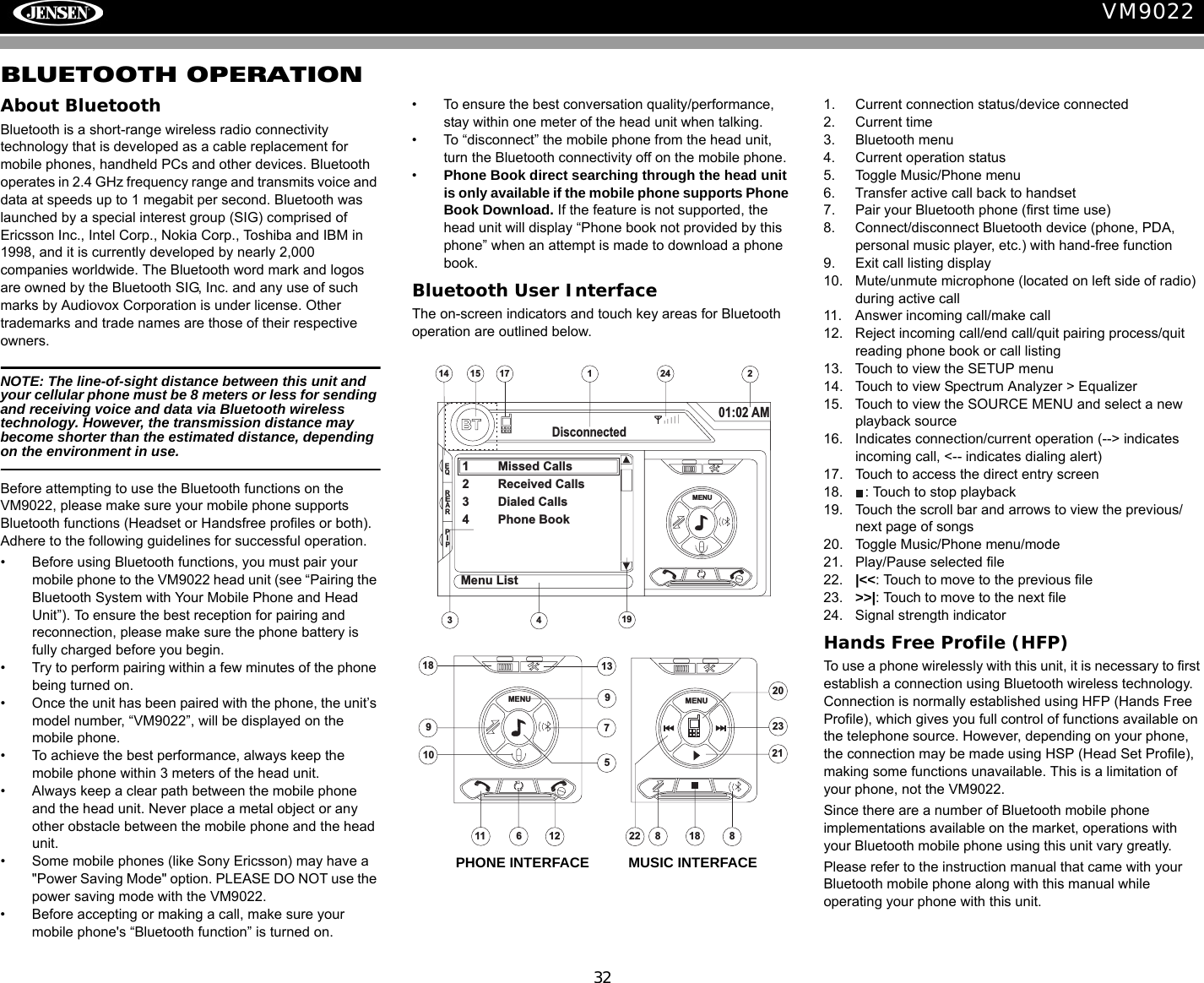 32VM9022BLUETOOTH OPERATIONAbout BluetoothBluetooth is a short-range wireless radio connectivity technology that is developed as a cable replacement for mobile phones, handheld PCs and other devices. Bluetooth operates in 2.4 GHz frequency range and transmits voice and data at speeds up to 1 megabit per second. Bluetooth was launched by a special interest group (SIG) comprised of Ericsson Inc., Intel Corp., Nokia Corp., Toshiba and IBM in 1998, and it is currently developed by nearly 2,000 companies worldwide. The Bluetooth word mark and logos are owned by the Bluetooth SIG, Inc. and any use of such marks by Audiovox Corporation is under license. Other trademarks and trade names are those of their respective owners.NOTE: The line-of-sight distance between this unit and your cellular phone must be 8 meters or less for sending and receiving voice and data via Bluetooth wireless technology. However, the transmission distance may become shorter than the estimated distance, depending on the environment in use. Before attempting to use the Bluetooth functions on the VM9022, please make sure your mobile phone supports Bluetooth functions (Headset or Handsfree profiles or both). Adhere to the following guidelines for successful operation.&bull; Before using Bluetooth functions, you must pair your mobile phone to the VM9022 head unit (see &ldquo;Pairing the Bluetooth System with Your Mobile Phone and Head Unit&rdquo;). To ensure the best reception for pairing and reconnection, please make sure the phone battery is fully charged before you begin.&bull; Try to perform pairing within a few minutes of the phone being turned on.&bull; Once the unit has been paired with the phone, the unit&rsquo;s model number, &ldquo;VM9022&rdquo;, will be displayed on the mobile phone.&bull; To achieve the best performance, always keep the mobile phone within 3 meters of the head unit.&bull; Always keep a clear path between the mobile phone and the head unit. Never place a metal object or any other obstacle between the mobile phone and the head unit.&bull; Some mobile phones (like Sony Ericsson) may have a "Power Saving Mode" option. PLEASE DO NOT use the power saving mode with the VM9022.&bull; Before accepting or making a call, make sure your mobile phone's &ldquo;Bluetooth function&rdquo; is turned on.&bull; To ensure the best conversation quality/performance, stay within one meter of the head unit when talking. &bull; To &ldquo;disconnect&rdquo; the mobile phone from the head unit, turn the Bluetooth connectivity off on the mobile phone.&bull;Phone Book direct searching through the head unit is only available if the mobile phone supports Phone Book Download. If the feature is not supported, the head unit will display &ldquo;Phone book not provided by this phone&rdquo; when an attempt is made to download a phone book. Bluetooth User InterfaceThe on-screen indicators and touch key areas for Bluetooth operation are outlined below.1. Current connection status/device connected2. Current time3. Bluetooth menu4. Current operation status5. Toggle Music/Phone menu6. Transfer active call back to handset7. Pair your Bluetooth phone (first time use)8. Connect/disconnect Bluetooth device (phone, PDA, personal music player, etc.) with hand-free function9. Exit call listing display10. Mute/unmute microphone (located on left side of radio) during active call11. Answer incoming call/make call12. Reject incoming call/end call/quit pairing process/quit reading phone book or call listing13. Touch to view the SETUP menu14. Touch to view Spectrum Analyzer > Equalizer15. Touch to view the SOURCE MENU and select a new playback source16. Indicates connection/current operation (--> indicates incoming call, <-- indicates dialing alert)17. Touch to access the direct entry screen18. : Touch to stop playback19. Touch the scroll bar and arrows to view the previous/ next page of songs20. Toggle Music/Phone menu/mode21. Play/Pause selected file22. |<<: Touch to move to the previous file23. >>|: Touch to move to the next file24. Signal strength indicatorHands Free Profile (HFP)To use a phone wirelessly with this unit, it is necessary to first establish a connection using Bluetooth wireless technology. Connection is normally established using HFP (Hands Free Profile), which gives you full control of functions available on the telephone source. However, depending on your phone, the connection may be made using HSP (Head Set Profile), making some functions unavailable. This is a limitation of your phone, not the VM9022.Since there are a number of Bluetooth mobile phone implementations available on the market, operations with your Bluetooth mobile phone using this unit vary greatly. Please refer to the instruction manual that came with your Bluetooth mobile phone along with this manual while operating your phone with this unit.1414 215BTDisconnected01:02 AM1 Missed Calls2 Received Calls3 Dialed Calls4 Phone Book317MENUMenu ListEQREARPIP1924MENU1897109115612138238MENU202122 18PHONE INTERFACE          MUSIC INTERFACE