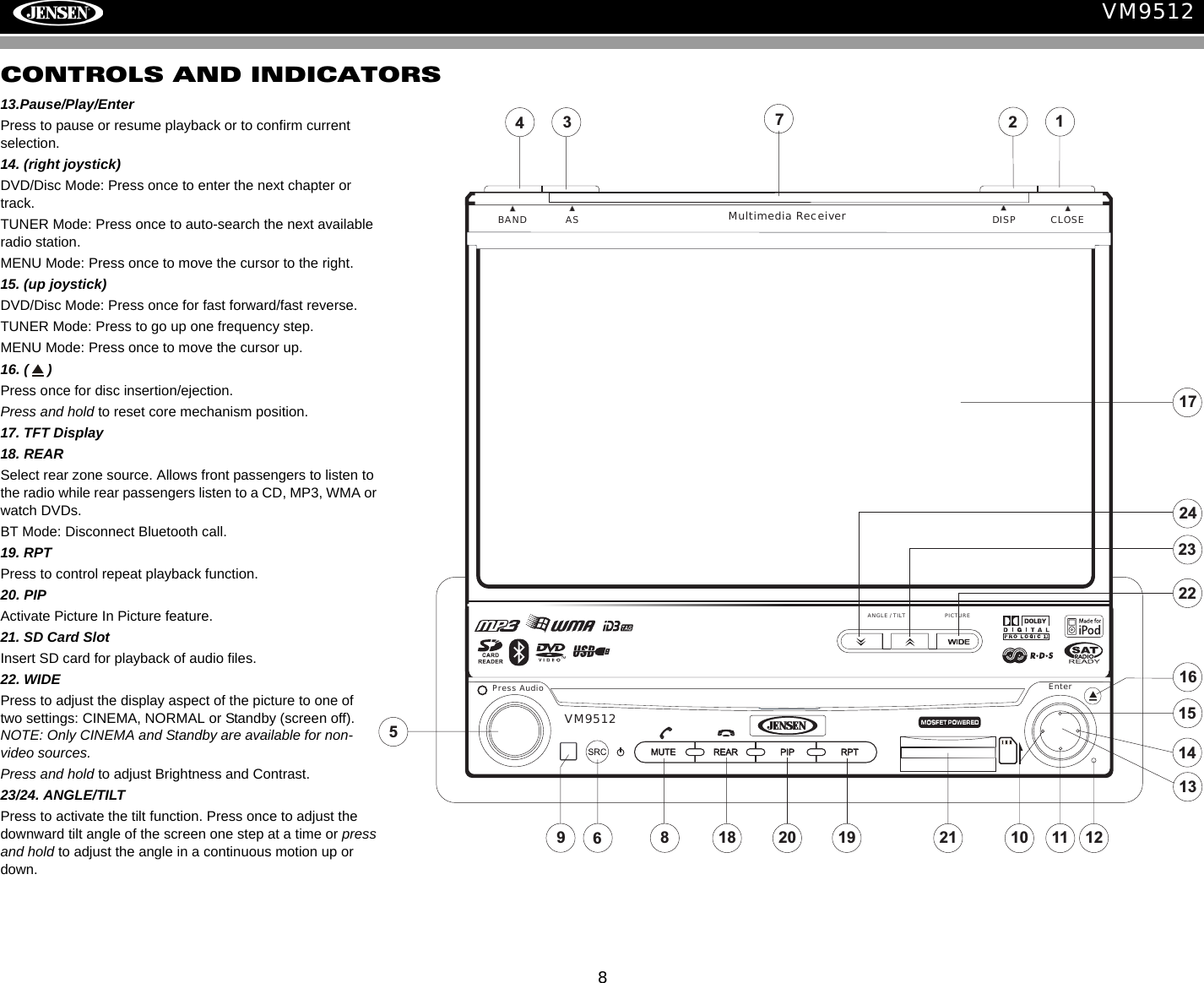 8VM95127BAND CLOSEAS DISPMultimedia Receiver171243232224151413201686199s Audio Enter5Pres1210 11VM951218 21ANGLE / TILT PICTURECONTROLS AND INDICATORS13.Pause/Play/EnterPress to pause or resume playback or to confirm current selection.14. (right joystick)DVD/Disc Mode: Press once to enter the next chapter or track.TUNER Mode: Press once to auto-search the next available radio station. MENU Mode: Press once to move the cursor to the right.15. (up joystick)DVD/Disc Mode: Press once for fast forward/fast reverse.TUNER Mode: Press to go up one frequency step.MENU Mode: Press once to move the cursor up. 16. ( ) Press once for disc insertion/ejection.Press and hold to reset core mechanism position.17. TFT Display18. REARSelect rear zone source. Allows front passengers to listen to the radio while rear passengers listen to a CD, MP3, WMA or watch DVDs.BT Mode: Disconnect Bluetooth call.19. RPTPress to control repeat playback function.20. PIPActivate Picture In Picture feature.21. SD Card SlotInsert SD card for playback of audio files.22. WIDEPress to adjust the display aspect of the picture to one of two settings: CINEMA, NORMAL or Standby (screen off). NOTE: Only CINEMA and Standby are available for non-video sources.Press and hold to adjust Brightness and Contrast.23/24. ANGLE/TILTPress to activate the tilt function. Press once to adjust the downward tilt angle of the screen one step at a time or press and hold to adjust the angle in a continuous motion up or down. 