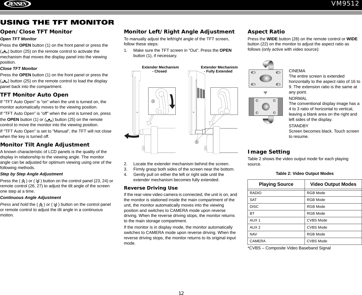 12VM9512USING THE TFT MONITOROpen/Close TFT MonitorOpen TFT MonitorPress the OPEN button (1) on the front panel or press the ( ) button (25) on the remote control to activate the mechanism that moves the display panel into the viewing position.Close TFT MonitorPress the OPEN button (1) on the front panel or press the ( ) button (25) on the remote control to load the display panel back into the compartment.TFT Monitor Auto OpenIf &ldquo;TFT Auto Open&rdquo; is &ldquo;on&rdquo; when the unit is turned on, the monitor automatically moves to the viewing position.If &ldquo;TFT Auto Open&rdquo; is &rdquo;off&rdquo; when the unit is turned on, press the OPEN button (1) or ( ) button (25) on the remote control to move the monitor into the viewing position.If &ldquo;TFT Auto Open&rdquo; is set to &rdquo;Manual&rdquo;, the TFT will not close when the key is turned off. Monitor Tilt Angle AdjustmentA known characteristic of LCD panels is the quality of the display in relationship to the viewing angle. The monitor angle can be adjusted for optimum viewing using one of the following methods.Step by Step Angle AdjustmentPress the ( ) or ( ) button on the control panel (23, 24) or remote control (26, 27) to adjust the tilt angle of the screen one step at a time.Continuous Angle AdjustmentPress and hold the ( ) or ( ) button on the control panel or remote control to adjust the tilt angle in a continuous motion.Monitor Left/Right Angle AdjustmentTo manually adjust the left/right angle of the TFT screen, follow these steps:1. Make sure the TFT screen in &ldquo;Out&rdquo;. Press the OPEN button (1), if necessary.2. Locate the extender mechanism behind the screen.3. Firmly grasp both sides of the screen near the bottom.4. Gently pull on either the left or right side until the extender mechanism becomes fully extended.Reverse Driving UseIf the rear-view video camera is connected, the unit is on, and the monitor is stationed inside the main compartment of the unit, the monitor automatically moves into the viewing position and switches to CAMERA mode upon reverse driving. When the reverse driving stops, the monitor returns to the main storage compartment.If the monitor is in display mode, the monitor automatically switches to CAMERA mode upon reverse driving. When the reverse driving stops, the monitor returns to its original input mode.Aspect RatioPress the WIDE button (28) on the remote control or WIDE button (22) on the monitor to adjust the aspect ratio as follows (only active with video source):Image SettingTable 2 shows the video output mode for each playing source. *CVBS &ndash; Composite Video Baseband Signal24Extender Mechanism          - Closed Extender Mechanism   - Fully ExtendedTable 2: Video Output ModesPlaying Source Video Output ModesRADIO RGB ModeSAT RGB ModeDISC RGB ModeBT RGB ModeAUX 1 CVBS ModeAUX 2 CVBS ModeNAV RGB ModeCAMERA CVBS ModeCINEMAThe entire screen is extended horizontally to the aspect ratio of 16 to 9. The extension ratio is the same at any point.NORMALThe conventional display image has a 4 to 3 ratio of horizontal to vertical, leaving a blank area on the right and left sides of the display.STANDBYScreen becomes black. Touch screen to resume.