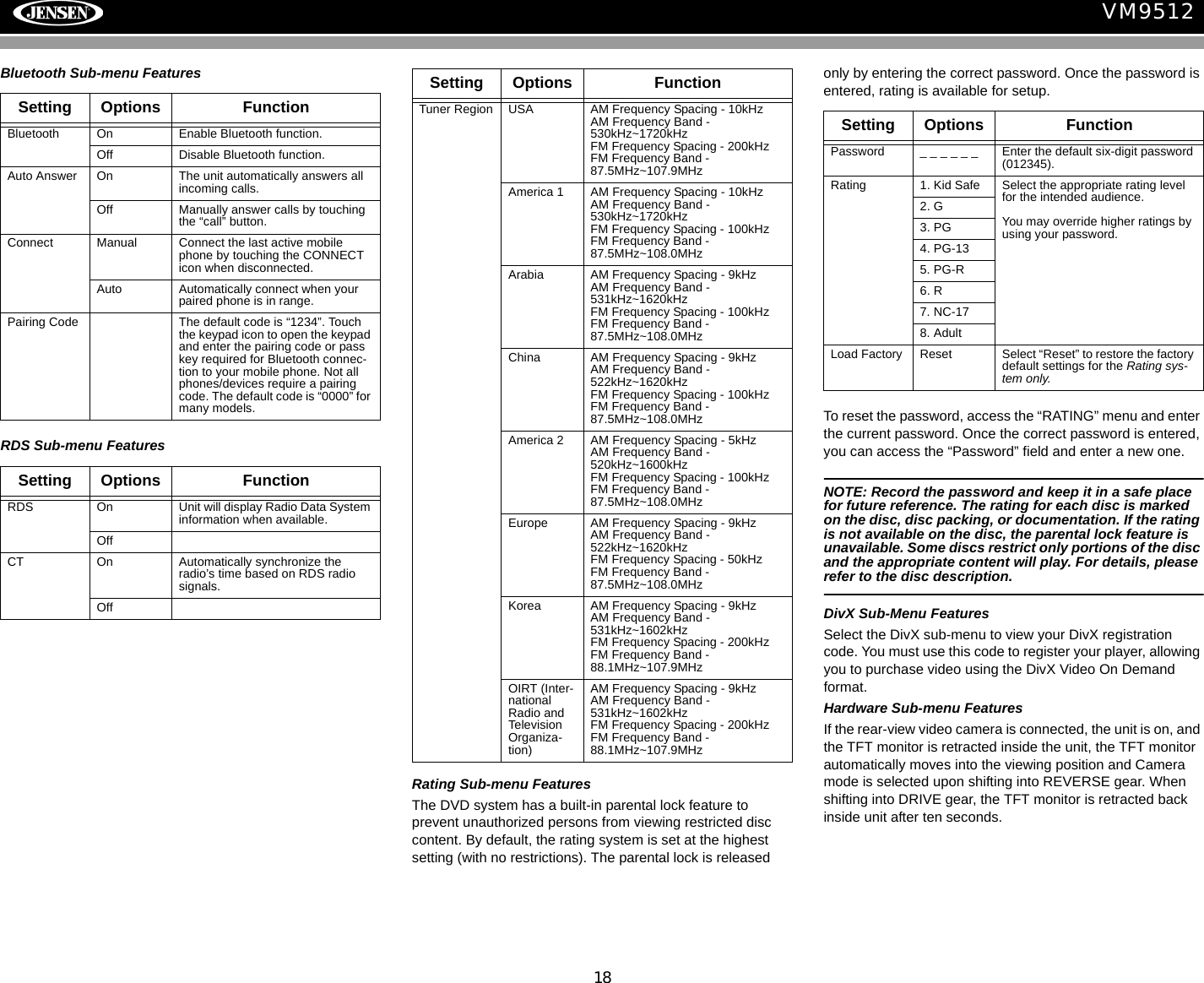 18VM9512Bluetooth Sub-menu FeaturesRDS Sub-menu FeaturesRating Sub-menu FeaturesThe DVD system has a built-in parental lock feature to prevent unauthorized persons from viewing restricted disc     content. By default, the rating system is set at the highest setting (with no restrictions). The parental lock is released only by entering the correct password. Once the password is entered, rating is available for setup.To reset the password, access the &ldquo;RATING&rdquo; menu and enter the current password. Once the correct password is entered, you can access the &ldquo;Password&rdquo; field and enter a new one.NOTE: Record the password and keep it in a safe place for future reference. The rating for each disc is marked on the disc, disc packing, or documentation. If the rating is not available on the disc, the parental lock feature is unavailable. Some discs restrict only portions of the disc and the appropriate content will play. For details, please refer to the disc description.DivX Sub-Menu FeaturesSelect the DivX sub-menu to view your DivX registration code. You must use this code to register your player, allowing you to purchase video using the DivX Video On Demand format.Hardware Sub-menu FeaturesIf the rear-view video camera is connected, the unit is on, and the TFT monitor is retracted inside the unit, the TFT monitor automatically moves into the viewing position and Camera mode is selected upon shifting into REVERSE gear. When shifting into DRIVE gear, the TFT monitor is retracted back inside unit after ten seconds.Setting Options FunctionBluetooth On Enable Bluetooth function.Off Disable Bluetooth function.Auto Answer On The unit automatically answers all incoming calls.Off Manually answer calls by touching the &ldquo;call&rdquo; button.Connect Manual Connect the last active mobile phone by touching the CONNECT icon when disconnected.Auto Automatically connect when your paired phone is in range.Pairing Code The default code is &ldquo;1234&rdquo;. Touch the keypad icon to open the keypad and enter the pairing code or pass key required for Bluetooth connec-tion to your mobile phone. Not all phones/devices require a pairing code. The default code is &ldquo;0000&rdquo; for many models.Setting Options FunctionRDS On Unit will display Radio Data System information when available.OffCT On Automatically synchronize the radio&rsquo;s time based on RDS radio signals.OffTuner Region USA AM Frequency Spacing - 10kHz AM Frequency Band - 530kHz~1720kHzFM Frequency Spacing - 200kHzFM Frequency Band - 87.5MHz~107.9MHzAmerica 1 AM Frequency Spacing - 10kHz AM Frequency Band - 530kHz~1720kHzFM Frequency Spacing - 100kHzFM Frequency Band - 87.5MHz~108.0MHzArabia AM Frequency Spacing - 9kHz AM Frequency Band - 531kHz~1620kHzFM Frequency Spacing - 100kHzFM Frequency Band - 87.5MHz~108.0MHzChina AM Frequency Spacing - 9kHz AM Frequency Band - 522kHz~1620kHzFM Frequency Spacing - 100kHzFM Frequency Band - 87.5MHz~108.0MHzAmerica 2 AM Frequency Spacing - 5kHz AM Frequency Band - 520kHz~1600kHzFM Frequency Spacing - 100kHzFM Frequency Band - 87.5MHz~108.0MHzEurope AM Frequency Spacing - 9kHz AM Frequency Band - 522kHz~1620kHzFM Frequency Spacing - 50kHzFM Frequency Band - 87.5MHz~108.0MHzKorea AM Frequency Spacing - 9kHz AM Frequency Band - 531kHz~1602kHzFM Frequency Spacing - 200kHzFM Frequency Band - 88.1MHz~107.9MHzOIRT (Inter-national Radio and Television Organiza-tion)AM Frequency Spacing - 9kHz AM Frequency Band - 531kHz~1602kHzFM Frequency Spacing - 200kHzFM Frequency Band - 88.1MHz~107.9MHzSetting Options FunctionSetting Options FunctionPassword _ _ _ _ _ _ Enter the default six-digit password (012345).Rating 1. Kid Safe Select the appropriate rating level for the intended audience.You may override higher ratings by using your password.2. G3. PG4. PG-135. PG-R6. R7. NC-178. AdultLoad Factory Reset Select &ldquo;Reset&rdquo; to restore the factory default settings for the Rating sys-tem only.