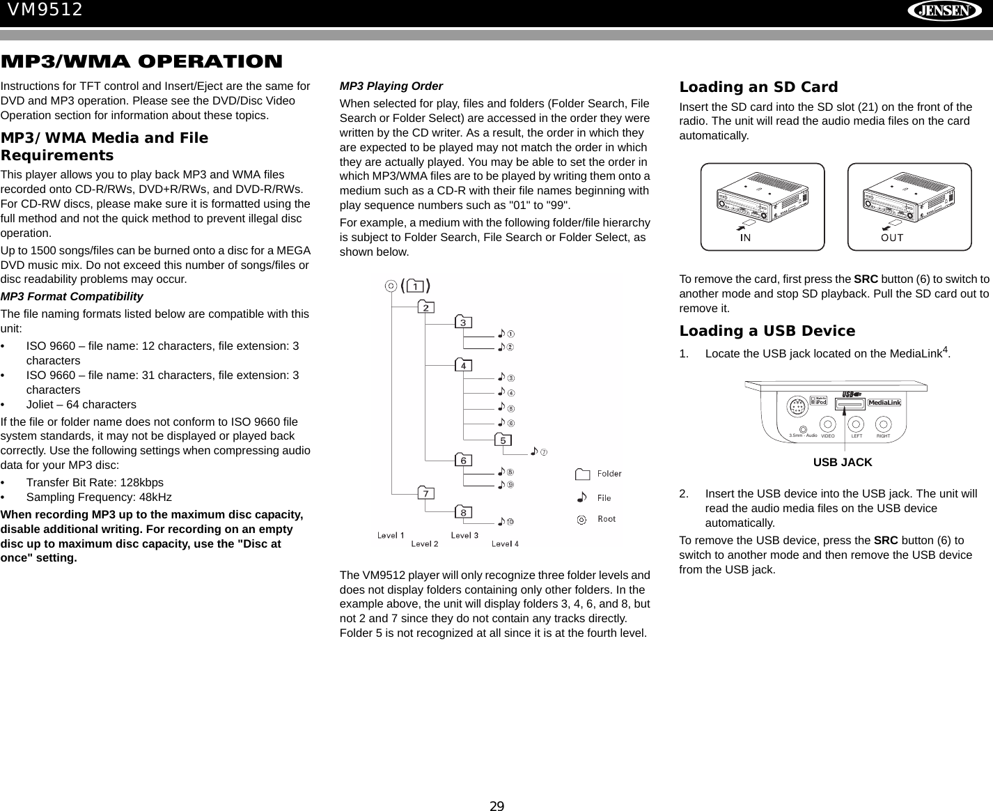 29VM9512MP3/WMA OPERATIONInstructions for TFT control and Insert/Eject are the same for DVD and MP3 operation. Please see the DVD/Disc Video Operation section for information about these topics.MP3/WMA Media and File RequirementsThis player allows you to play back MP3 and WMA files recorded onto CD-R/RWs, DVD+R/RWs, and DVD-R/RWs. For CD-RW discs, please make sure it is formatted using the full method and not the quick method to prevent illegal disc operation.Up to 1500 songs/files can be burned onto a disc for a MEGA DVD music mix. Do not exceed this number of songs/files or disc readability problems may occur.MP3 Format CompatibilityThe file naming formats listed below are compatible with this unit:&bull; ISO 9660 &ndash; file name: 12 characters, file extension: 3 characters&bull; ISO 9660 &ndash; file name: 31 characters, file extension: 3 characters&bull; Joliet &ndash; 64 charactersIf the file or folder name does not conform to ISO 9660 file system standards, it may not be displayed or played back correctly. Use the following settings when compressing audio data for your MP3 disc:&bull; Transfer Bit Rate: 128kbps&bull; Sampling Frequency: 48kHzWhen recording MP3 up to the maximum disc capacity, disable additional writing. For recording on an empty disc up to maximum disc capacity, use the "Disc at once" setting.MP3 Playing OrderWhen selected for play, files and folders (Folder Search, File Search or Folder Select) are accessed in the order they were written by the CD writer. As a result, the order in which they are expected to be played may not match the order in which they are actually played. You may be able to set the order in which MP3/WMA files are to be played by writing them onto a medium such as a CD-R with their file names beginning with play sequence numbers such as "01" to "99".For example, a medium with the following folder/file hierarchy is subject to Folder Search, File Search or Folder Select, as shown below.The VM9512 player will only recognize three folder levels and does not display folders containing only other folders. In the example above, the unit will display folders 3, 4, 6, and 8, but not 2 and 7 since they do not contain any tracks directly. Folder 5 is not recognized at all since it is at the fourth level.Loading an SD CardInsert the SD card into the SD slot (21) on the front of the radio. The unit will read the audio media files on the card automatically.To remove the card, first press the SRC button (6) to switch to another mode and stop SD playback. Pull the SD card out to remove it.Loading a USB Device1. Locate the USB jack located on the MediaLink4.2. Insert the USB device into the USB jack. The unit will read the audio media files on the USB device automatically.To remove the USB device, press the SRC button (6) to switch to another mode and then remove the USB device from the USB jack.sAudioEnterPresBAND ASDISPOPENVM9512sAudioEnterPresBAND ASDISPOPENVM9512VIDEO LEFT RIGHT3.5mm - AudioMediaLinkUSB JACK   
