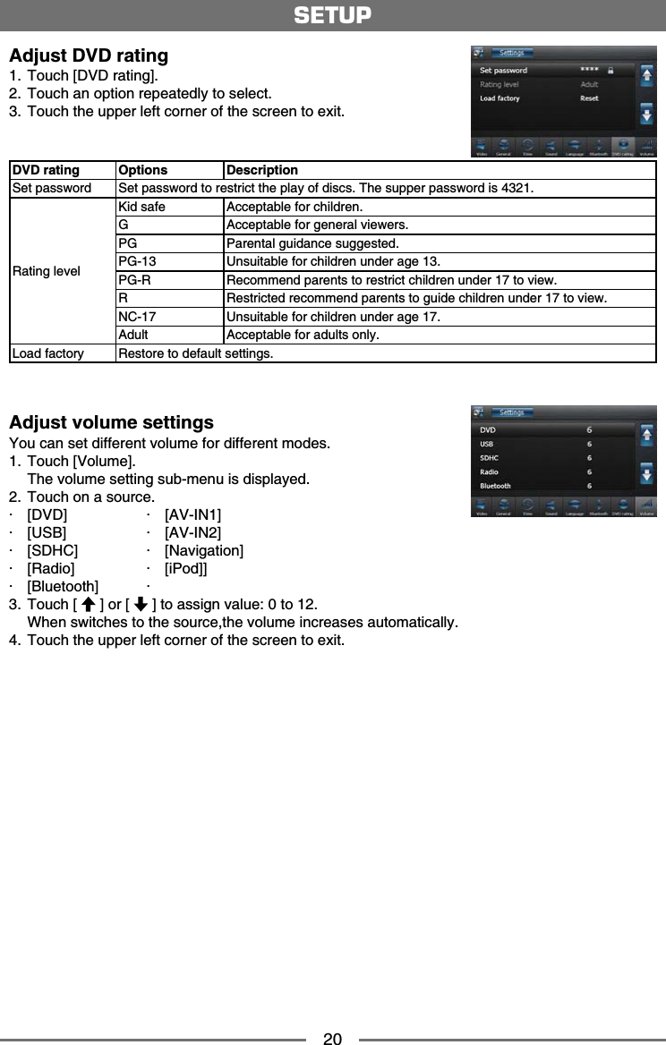20Adjust DVD rating 6QWEJ=&amp;8&amp;TCVKPI? 6QWEJCPQRVKQPTGRGCVGFN[VQUGNGEV 6QWEJVJGWRRGTNGHVEQTPGTQHVJGUETGGPVQGZKVDVD rating Options Description5GVRCUUYQTF 5GVRCUUYQTFVQTGUVTKEVVJGRNC[QHFKUEU6JGUWRRGTRCUUYQTFKU4CVKPINGXGN-KFUCHG #EEGRVCDNGHQTEJKNFTGPG#EEGRVCDNGHQTIGPGTCNXKGYGTUPG 2CTGPVCNIWKFCPEGUWIIGUVGFPG-13 7PUWKVCDNGHQTEJKNFTGPWPFGTCIG2)4 4GEQOOGPFRCTGPVUVQTGUVTKEVEJKNFTGPWPFGTVQXKGY4 4GUVTKEVGFTGEQOOGPFRCTGPVUVQIWKFGEJKNFTGPWPFGTVQXKGY0% 7PUWKVCDNGHQTEJKNFTGPWPFGTCIG#FWNV #EEGRVCDNGHQTCFWNVUQPN[.QCFHCEVQT[ 4GUVQTGVQFGHCWNVUGVVKPIUAdjust volume settings;QWECPUGVFKHHGTGPVXQNWOGHQTFKHHGTGPVOQFGU 6QWEJ=8QNWOG? 6JGXQNWOGUGVVKPIUWDOGPWKUFKURNC[GF 6QWEJQPCUQWTEGŧ =&amp;8&amp;? ŧ =#8+0?ŧ =75$? ŧ =#8+0?ŧ =5&amp;*%? ŧ =0CXKICVKQP?ŧ =4CFKQ? ŧ =K2QF??ŧ =$NWGVQQVJ? ŧ 6QWEJ= ?QT= ?VQCUUKIPXCNWGVQ 9JGPUYKVEJGUVQVJGUQWTEGVJGXQNWOGKPETGCUGUCWVQOCVKECNN[ 6QWEJVJGWRRGTNGHVEQTPGTQHVJGUETGGPVQGZKVSETUP
