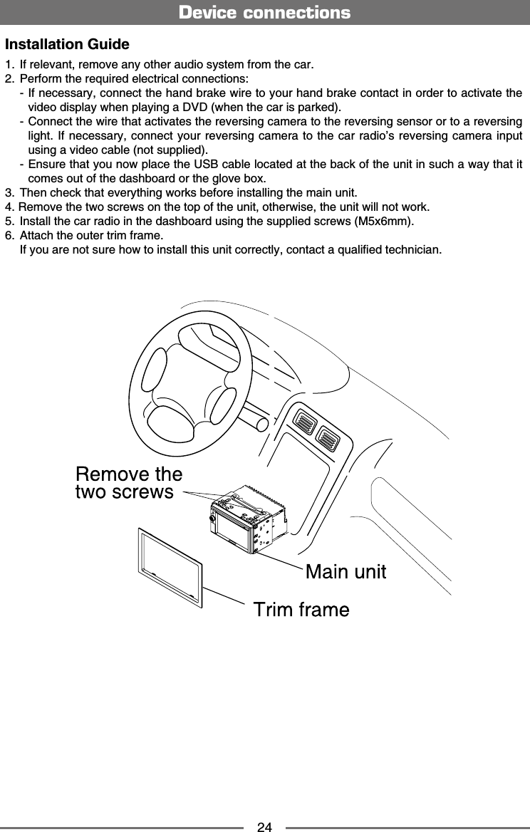 24Device connectionsInstallation Guide +HTGNGXCPVTGOQXGCP[QVJGTCWFKQU[UVGOHTQOVJGECT 2GTHQTOVJGTGSWKTGFGNGEVTKECNEQPPGEVKQPU+HPGEGUUCT[EQPPGEVVJGJCPFDTCMGYKTGVQ[QWTJCPFDTCMGEQPVCEVKPQTFGTVQCEVKXCVGVJGXKFGQFKURNC[YJGPRNC[KPIC&amp;8&amp;YJGPVJGECTKURCTMGF%QPPGEVVJGYKTGVJCVCEVKXCVGUVJGTGXGTUKPIECOGTCVQVJGTGXGTUKPIUGPUQTQTVQCTGXGTUKPINKIJV+HPGEGUUCT[EQPPGEV[QWTTGXGTUKPIECOGTCVQVJGECTTCFKQŏUTGXGTUKPIECOGTCKPRWVWUKPICXKFGQECDNGPQVUWRRNKGF'PUWTGVJCV[QWPQYRNCEGVJG75$ECDNGNQECVGFCVVJGDCEMQHVJGWPKVKPUWEJCYC[VJCVKVEQOGUQWVQHVJGFCUJDQCTFQTVJGINQXGDQZ 6JGPEJGEMVJCVGXGT[VJKPIYQTMUDGHQTGKPUVCNNKPIVJGOCKPWPKV4GOQXGVJGVYQUETGYUQPVJGVQRQHVJGWPKVQVJGTYKUGVJGWPKVYKNNPQVYQTM +PUVCNNVJGECTTCFKQKPVJGFCUJDQCTFWUKPIVJGUWRRNKGFUETGYU/ZOO #VVCEJVJGQWVGTVTKOHTCOG+H[QWCTGPQVUWTGJQYVQKPUVCNNVJKUWPKVEQTTGEVN[EQPVCEVCSWCNKſGFVGEJPKEKCP