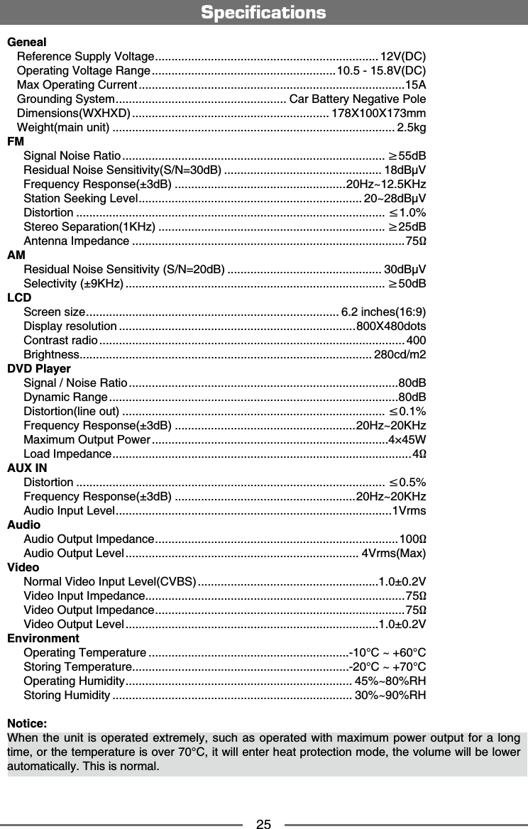 25Geneal4GHGTGPEG5WRRN[8QNVCIG 8&amp;%1RGTCVKPI8QNVCIG4CPIG8&amp;%/CZ1RGTCVKPI%WTTGPV#)TQWPFKPI5[UVGO %CT$CVVGT[0GICVKXG2QNG&amp;KOGPUKQPU9:*:&amp; 178X100X173mm9GKIJVOCKPWPKV MIFM5KIPCN0QKUG4CVKQ ŮF$4GUKFWCN0QKUG5GPUKVKXKV[50F$ F$z8(TGSWGPE[4GURQPUGvF$*\`-*\5VCVKQP5GGMKPI.GXGN `F$z8     Distortion ŭ5VGTGQ5GRCTCVKQP-*\ ŮF$#PVGPPC+ORGFCPEG&scaron;AM4GUKFWCN0QKUG5GPUKVKXKV[50F$ F$z85GNGEVKXKV[v-*\ ŮF$LCD5ETGGPUK\G KPEJGU     Display resolution800X480dots%QPVTCUVTCFKQ 400$TKIJVPGUU 280cd/m2DVD Player5KIPCN0QKUG4CVKQF$&amp;[PCOKE4CPIGF$     Distortion(line out) ŭ(TGSWGPE[4GURQPUGvF$*\`-*\/CZKOWO1WVRWV2QYGT&ordf;9.QCF+ORGFCPEG&scaron;AUX IN     Distortion ŭ(TGSWGPE[4GURQPUGvF$*\`-*\#WFKQ+PRWV.GXGN8TOUAudio#WFKQ1WVRWV+ORGFCPEG&scaron;#WFKQ1WVRWV.GXGN 8TOU/CZVideo0QTOCN8KFGQ+PRWV.GXGN%8$5v88KFGQ+PRWV+ORGFCPEG&scaron;8KFGQ1WVRWV+ORGFCPEG&scaron;8KFGQ1WVRWV.GXGNv8Environment     Operating Temperatureu%`u%5VQTKPI6GORGTCVWTGu%`u%     Operating Humidity `4*5VQTKPI*WOKFKV[ `4*Notice:9JGPVJGWPKVKUQRGTCVGFGZVTGOGN[UWEJCUQRGTCVGFYKVJOCZKOWORQYGTQWVRWVHQTCNQPIVKOGQTVJGVGORGTCVWTGKUQXGTu%KVYKNNGPVGTJGCVRTQVGEVKQPOQFGVJGXQNWOGYKNNDGNQYGTCWVQOCVKECNN[6JKUKUPQTOCN0LA?Eł?=PEKJO