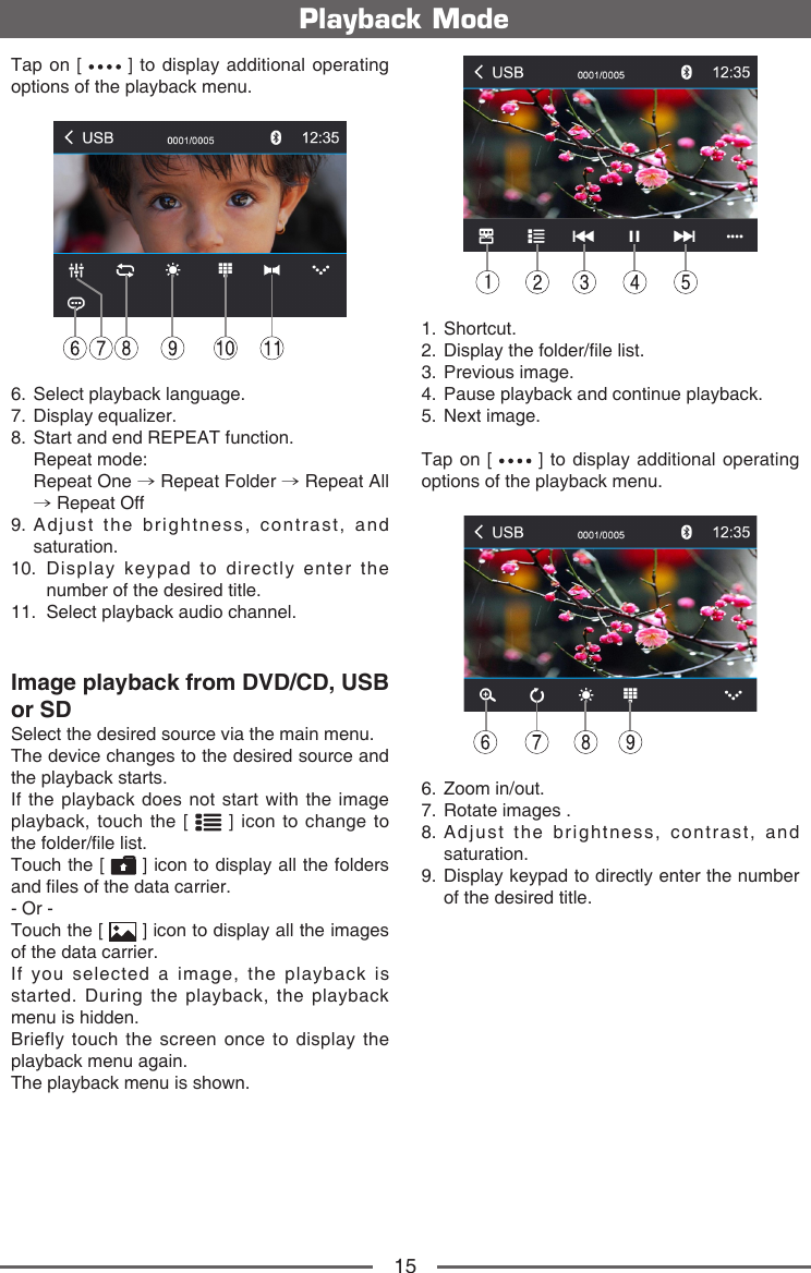 15Playback ModeTap on [   ] to display additional operating options of the playback menu.6.   Select playback language.7.   Display  equalizer.8.   Start and end REPEAT function.   Repeat  mode:   Repeat  One  &rarr; Repeat Folder &rarr; Repeat All &rarr; Repeat Off9.  Adjust the brightness, contrast, and saturation.10.   Display keypad to directly enter the number of the desired title.11.   Select playback audio channel.Image playback from DVD/CD, USB or SDSelect the desired source via the main menu.The device changes to the desired source and the playback starts.If the playback does not start with the image playback, touch the [   ] icon to change to the folder/le list.Touch the [   ] icon to display all the folders and les of the data carrier.- Or -Touch the [   ] icon to display all the images of the data carrier.If you selected a image, the playback is started. During the playback, the playback menu is hidden.Briefly touch the screen once to display the playback menu again.The playback menu is shown.11.   Shortcut.2.   Display the folder/le list.3.   Previous  image.4.   Pause playback and continue playback.5.   Next  image.Tap on [   ] to display additional operating options of the playback menu.6.   Zoom  in/out.7.   Rotate images .8.  Adjust the brightness, contrast, and saturation.9.  Display keypad to directly enter the number of the desired title.