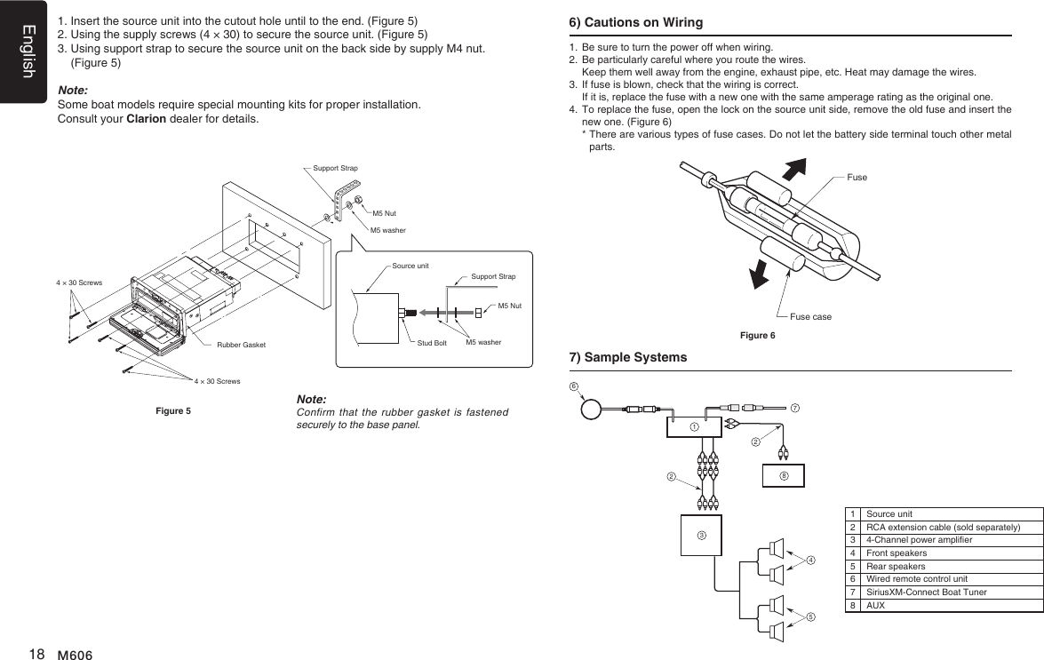English18 M6061.  Be sure to turn the power off when wiring.2.  Be particularly careful where you route the wires.   Keep them well away from the engine, exhaust pipe, etc. Heat may damage the wires.3.  If fuse is blown, check that the wiring is correct.   If it is, replace the fuse with a new one with the same amperage rating as the original one.4.  To replace the fuse, open the lock on the source unit side, remove the old fuse and insert the new one. (Figure 6)  *  There are various types of fuse cases. Do not let the battery side terminal touch other metal parts.7) Sample Systems 6) Cautions on Wiring FuseFuse caseFigure 61223456781 Source unit2RCA extension cable (sold separately)3 4-Channel power amplier4Front speakers5Rear speakers6Wired remote control unit7SiriusXM-Connect Boat Tuner8AUX1.  Insert the source unit into the cutout hole until to the end. (Figure 5)2.  Using the supply screws (4 &times; 30) to secure the source unit. (Figure 5) 3.  Using support strap to secure the source unit on the back side by supply M4 nut. (Figure 5)Note: Some boat models require special mounting kits for proper installation. Consult your Clarion dealer for details.Support StrapM5 NutM5 washerM5 washer4 &times; 30 ScrewsRubber Gasket Source unitSupport Strap M5 NutStud Bolt4 &times; 30 ScrewsNote:Confirmthattherubber gasket isfastenedsecurely to the base panel.Figure 5