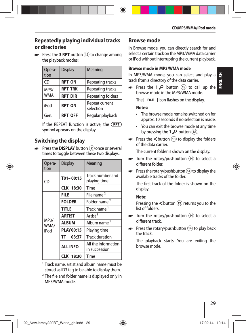 29ENGLISHRepeatedly playing individual tracks or directories 쏅Press the 3 RPT button < to change among the playback modes:Opera-tionDisplay MeaningCD RPT  ON Repeating tracksMP3/WMARPT  TRK  Repeating tracksRPT  DIR Repeating foldersiPod RPT  ON Repeat current selectionGen. RPT  OFF  Regular playbackIf the REPEAT function is active, the   symbol appears on the display.Switching the display 쏅Press the DISPLAY button 2 once or several times to toggle between these two displays:Opera-tionDisplay MeaningCD  T01&ndash; 00:15 Track number and playing timeCLK   18:30 TimeMP3/WMA/iPodFILE File name &sup2;FOLDER Folder name &sup2;TITLE Track name&sup1;ARTIST Artist&sup1;ALBUM Album name&sup1;PLAY00:15 Playing timeTT      03:37 Track durationALL INFO All the information in successionCLK   18:30 Time&sup1; Track name, artist and album name must be stored as ID3 tag to be able to display them.&sup2; The  le and folder name is displayed only in MP3/WMA mode.Browse modeIn Browse mode, you can directly search for and select a certain track on the MP3/WMA data carrier or iPod without interrupting the current playback.Browse mode in MP3/WMA modeIn MP3/WMA mode, you can select and play a track from a directory of the data carrier. 쏅Press the 1    button < to call up the browse mode in the MP3/WMA mode.The   icon  ashes on the display. Notes: &bull; The browse mode remains switched on for approx. 10 seconds if no selection is made. &bull; You can exit the browse mode at any time by pressing the 1    button <. 쏅Press the   button = to display the folders of the data carrier.The current folder is shown on the display. 쏅Turn the rotary/pushbutton > to select a di erent folder. 쏅Press the rotary/pushbutton > to display the available tracks of the folder.The  rst track of the folder is shown on the display.Note:Pressing the   button = returns you to the list of folders. 쏅Turn the rotary/pushbutton > to select a di erent track. 쏅Press the rotary/pushbutton > to play back the track.The playback starts. You are exiting the browse mode.CD/MP3/WMA/iPod mode02_NewJersey220BT_World_gb.indd   2902_NewJersey220BT_World_gb.indd   29 17.02.14   10:1417.02.14   10:14