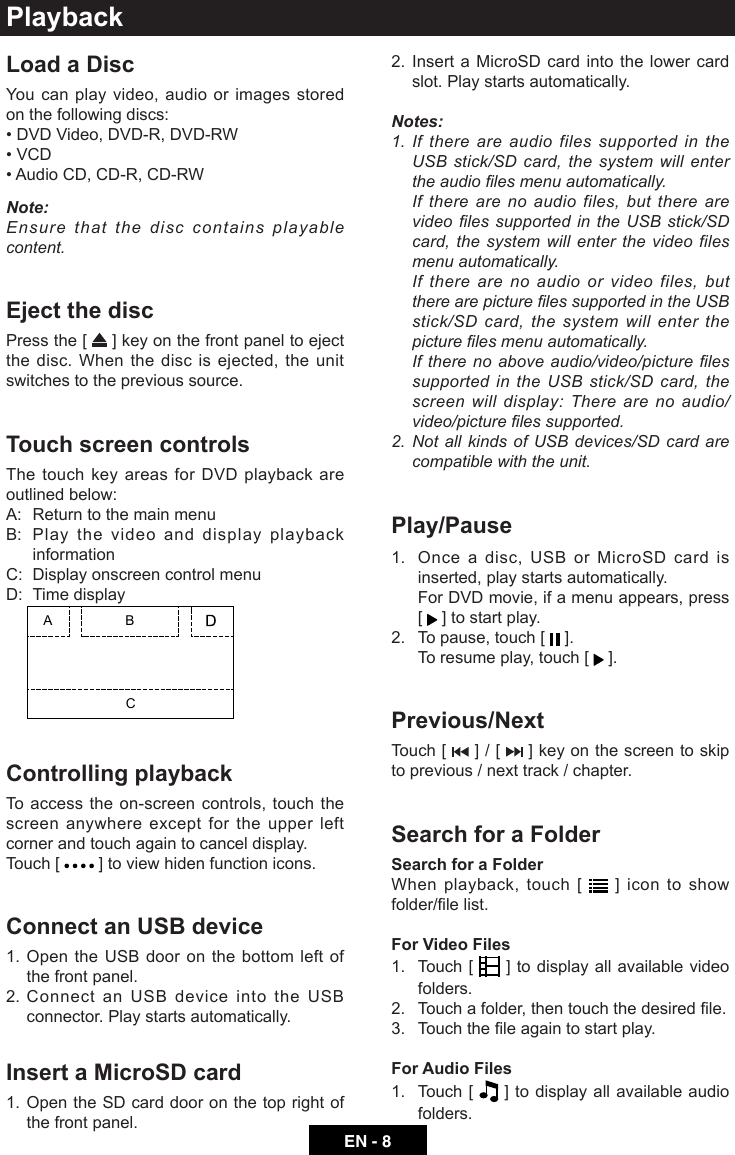 EN - 8PlaybackLoad a DiscYou can play video, audio or images stored on the following discs:&bull;DVDVideo,DVD-R,DVD-RW&bull;VCD&bull;AudioCD,CD-R,CD-RW Note:Ensure that the disc contains playable content.Eject the discPress the [   ] key on the front panel to eject the disc. When the disc is ejected, the unit switches to the previous source.Touch screen controlsThe touch key areas for DVD playback are outlined below:A:  Return to the main menuB:   Play the video and display playback informationC:  Display onscreen control menuD:  Time display BCAControlling playbackTo access the on-screen controls, touch the screen anywhere except for the upper left corner and touch again to cancel display. Touch [   ] to view hiden function icons.Connect an USB device1. Open the USB door on the bottom left of the front panel.2. Connect an USB device into the USB connector. Play starts automatically.Insert a MicroSD card1. Open the SD card door on the top right of the front panel.2. Insert a MicroSD card into the lower card slot. Play starts automatically.Notes:1.IfthereareaudiofilessupportedintheUSBstick/SDcard,thesystemwillentertheaudiolesmenuautomatically.Iftherearenoaudiofiles,buttherearevideolessupportedintheUSBstick/SDcard, the system will enter the video files menu automatically.Iftherearenoaudioorvideofiles,buttherearepicturelessupportedintheUSBstick/SDcard,thesystemwillenterthepicturelesmenuautomatically.Iftherenoaboveaudio/video/picturelessupportedintheUSBstick/SDcard,thescreenwilldisplay:Therearenoaudio/video/picturelessupported.2. NotallkindsofUSBdevices/SDcardarecompatible with the unit.Play/Pause1.   Once a disc, USB or MicroSD card is inserted, play starts automatically.   For DVD movie, if a menu appears, press  [   ] to start play.2.  To pause, touch [   ].  To resume play, touch [   ].Previous/NextTouch [   ] / [   ] key on the screen to skip to previous / next track / chapter.Search for a FolderSearch for a FolderWhen playback, touch [   ] icon to show folder/lelist.For Video Files1.   Touch  [   ] to display all available video folders.2. Touchafolder,thentouchthedesiredle.3. Touchtheleagaintostartplay.For Audio Files1.   Touch  [   ] to display all available audio folders.