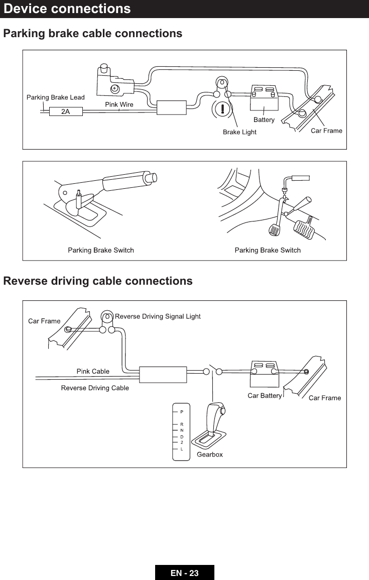 EN - 23Device connectionsParking brake cable connections  Reverse driving cable connections