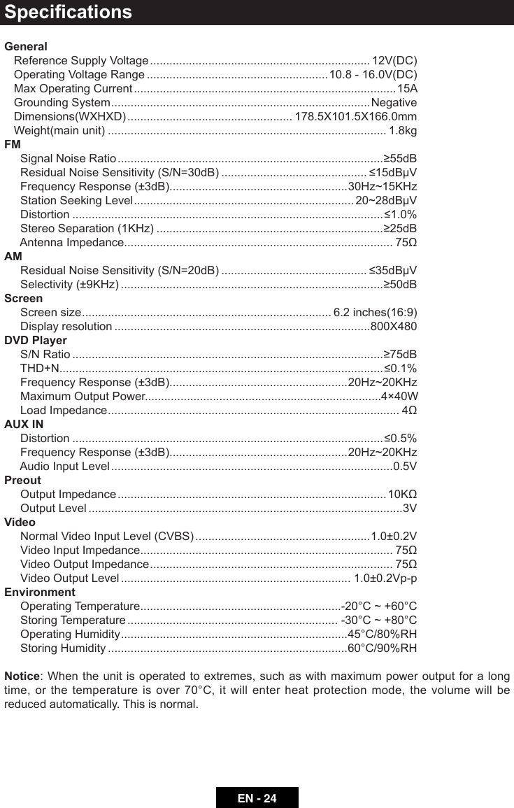 EN - 24SpecicationsGeneral   Reference Supply Voltage .................................................................... 12V(DC)   Operating Voltage Range ........................................................10.8 - 16.0V(DC)   Max Operating Current ................................................................................. 15A   Grounding System ................................................................................ Negative   Dimensions(WXHXD) ................................................... 178.5X101.5X166.0mm   Weight(main unit) ...................................................................................... 1.8kgFM     Signal Noise Ratio ..................................................................................&ge;55dB     Residual Noise Sensitivity (S/N=30dB) ............................................. &le;15dB&mu;V     Frequency Response (&plusmn;3dB) .......................................................30Hz~15KHz     Station Seeking Level .................................................................... 20~28dB&mu;V     Distortion ................................................................................................&le;1.0%StereoSeparation(1KHz) ......................................................................&ge;25dB     Antenna Impedance................................................................................... 75&Omega;AM     Residual Noise Sensitivity (S/N=20dB) ............................................. &le;35dB&mu;VSelectivity(&plusmn;9KHz) .................................................................................&ge;50dBScreen     Screen size ............................................................................. 6.2 inches(16:9)     Display resolution ...............................................................................800X480DVD Player     S/N Ratio ................................................................................................&ge;75dB     THD+N....................................................................................................&le;0.1%     Frequency Response (&plusmn;3dB) .......................................................20Hz~20KHz     Maximum Output Power......................................................................... 4&times;40W     Load Impedance .......................................................................................... 4&Omega;AUX IN     Distortion ................................................................................................&le;0.5%     Frequency Response (&plusmn;3dB) .......................................................20Hz~20KHz     Audio Input Level .......................................................................................0.5VPreout     Output Impedance ................................................................................... 10K&Omega;     Output Level .................................................................................................3VVideo     Normal Video Input Level (CVBS) ......................................................1.0&plusmn;0.2V     Video Input Impedance .............................................................................. 75&Omega;     Video Output Impedance ........................................................................... 75&Omega;     Video Output Level ....................................................................... 1.0&plusmn;0.2Vp-pEnvironment     Operating Temperature ..............................................................-20&deg;C ~ +60&deg;C     Storing Temperature ................................................................. -30&deg;C ~ +80&deg;C     Operating Humidity ......................................................................45&deg;C/80%RH     Storing Humidity ..........................................................................60&deg;C/90%RHNotice: When the unit is operated to extremes, such as with maximum power output for a long time, or the temperature is over 70&deg;C, it will enter heat protection mode, the volume will be reduced automatically. This is normal. 