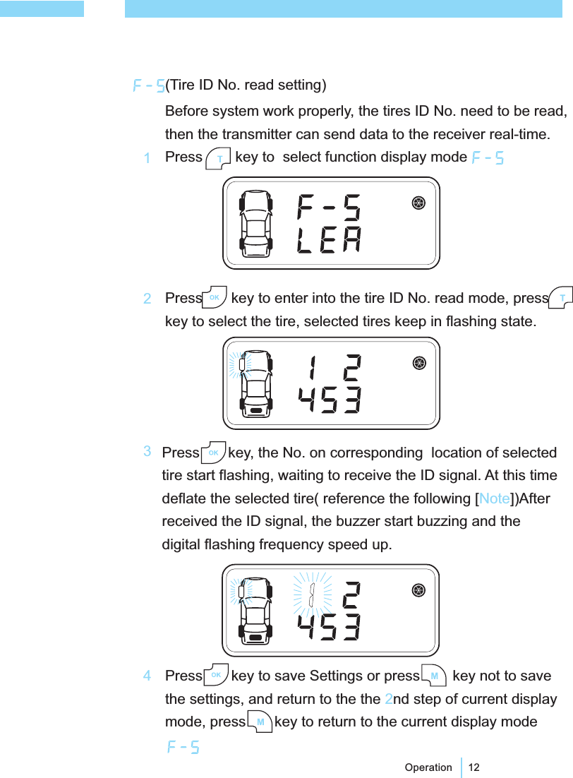 12OperationPress key to enter into the tire ID No. read mode, presskey to select the tire, selected tires keep in flashing state.(Tire ID No. read setting)Before system work properly, the tires ID No. need to be read,then the transmitter can send data to the receiver real-time.Press key to select function display modePress key to save Settings or press key not to savethe settings, and return to the the nd step of current displaymode, press key to return to the current display mode2124Press key, the No. on corresponding location of selectedtire start flashing, waiting to receive the ID signal. At this timedeflate the selected tire( reference the following [ ])Afterreceived the ID signal, the buzzer start buzzing and thedigital flashing frequency speed up.Note3