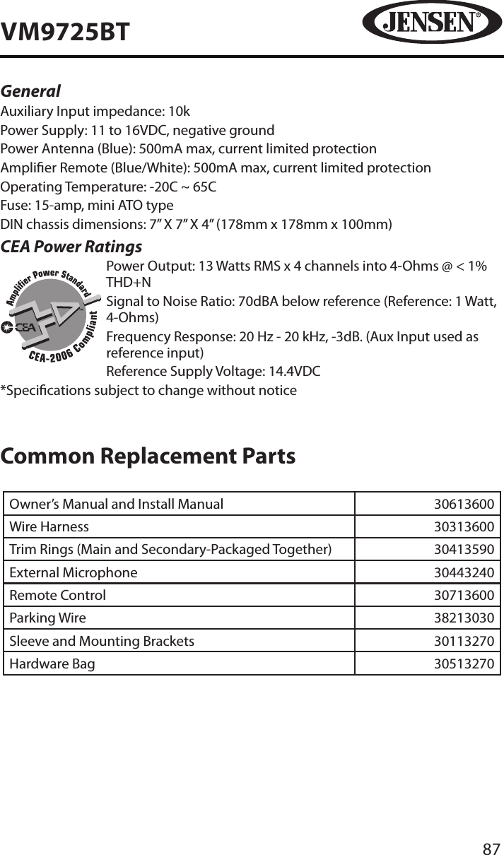 87VM9725BTGeneralAuxiliary Input impedance: 10k Power Supply: 11 to 16VDC, negative groundPower Antenna (Blue): 500mA max, current limited protectionAmplier Remote (Blue/White): 500mA max, current limited protectionOperating Temperature: -20C ~ 65CFuse: 15-amp, mini ATO typeDIN chassis dimensions: 7&rdquo; X 7&rdquo; X 4&rdquo; (178mm x 178mm x 100mm)CEA Power Ratings     Power Output: 13 Watts RMS x 4 channels into 4-Ohms @ < 1% THD+N     Signal to Noise Ratio: 70dBA below reference (Reference: 1 Watt, 4-Ohms)     Frequency Response: 20 Hz - 20 kHz, -3dB. (Aux Input used as reference input)    Reference Supply Voltage: 14.4VDC*Specications subject to change without noticeCommon Replacement PartsOwner&rsquo;s Manual and Install Manual 30613600 Wire Harness 30313600Trim Rings (Main and Secondary-Packaged Together) 30413590External Microphone  30443240Remote Control 30713600Parking Wire 38213030Sleeve and Mounting Brackets 30113270Hardware Bag 30513270