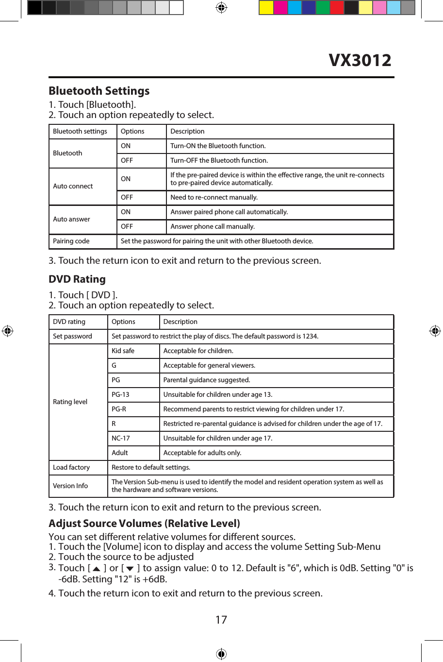 17Bluetooth Settings1. Touch [Bluetooth].2. Touch an option repeatedly to select.Bluetooth settings Options DescriptionBluetoothON Turn-ON the Bluetooth function.OFF Turn-OFF the Bluetooth function.Auto connectON If the pre-paired device is within the eective range, the unit re-connects to pre-paired device automatically.OFF Need to re-connect manually.Auto answerON Answer paired phone call automatically.OFF Answer phone call manually.Pairing code Set the password for pairing the unit with other Bluetooth device.3. Touch the return icon to exit and return to the previous screen.DVD Rating1. Touch [ DVD ].2. Touch an option repeatedly to select.DVD rating Options DescriptionSet password Set password to restrict the play of discs. The default password is 1234.Rating levelKid safe Acceptable for children.G Acceptable for general viewers.PG Parental guidance suggested.PG-13 Unsuitable for children under age 13.PG-R Recommend parents to restrict viewing for children under 17.R Restricted re-parental guidance is advised for children under the age of 17.NC-17 Unsuitable for children under age 17.Adult Acceptable for adults only.Load factory Restore to default settings.Version Info The Version Sub-menu is used to identify the model and resident operation system as well as the hardware and software versions.3. Touch the return icon to exit and return to the previous screen.Adjust Source Volumes (Relative Level)You can set dierent relative volumes for dierent sources. 1. Touch the [Volume] icon to display and access the volume Setting Sub-Menu2. Touch the source to be adjusted3. Touch [  ] or [  ] to assign value: 0 to 12. Default is "6", which is 0dB. Setting "0" is-6dB. Setting "12" is +6dB.4. Touch the return icon to exit and return to the previous screen.VX3012