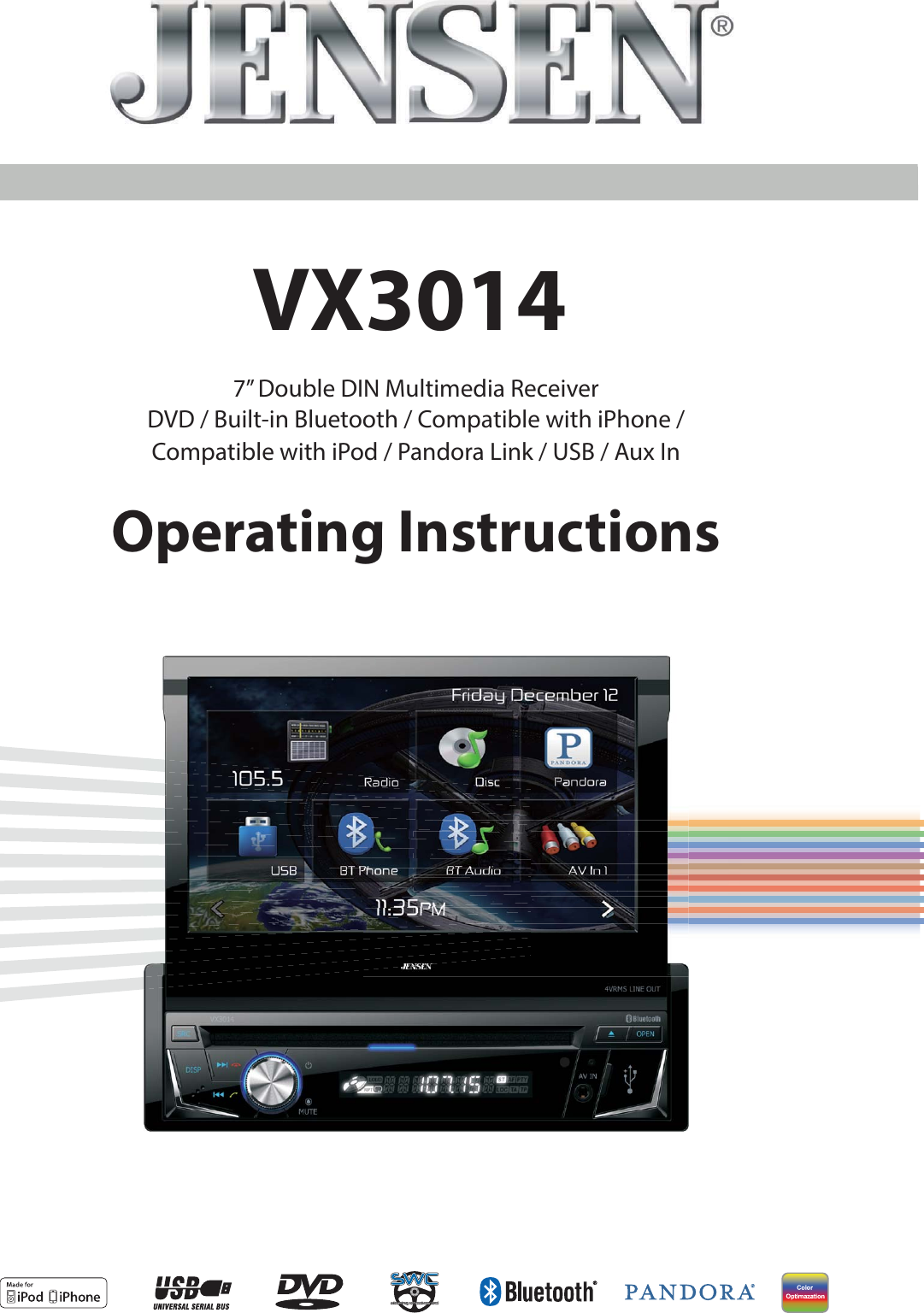 VX3014Operating Instructions7&rdquo; Double DIN Multimedia ReceiverDVD / Built-in Bluetooth / Compatible with iPhone /Compatible with iPod / Pandora Link / USB / Aux In