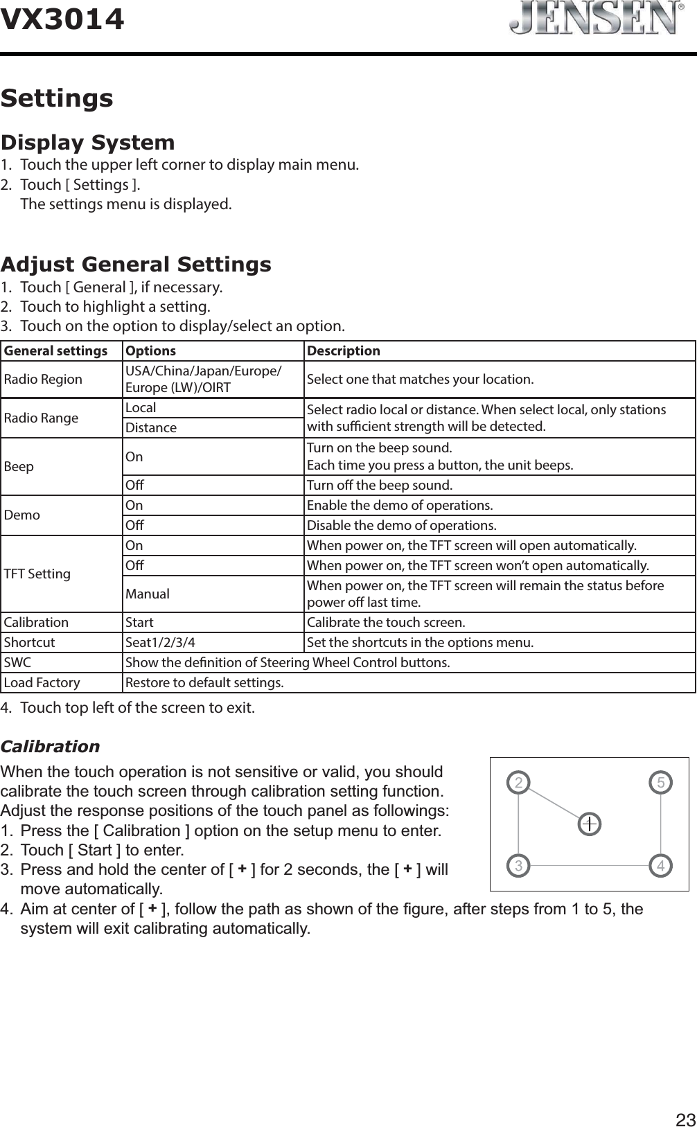 23VX3014Display System1. Touch the upper left corner to display main menu. 2. Touch [ Settings ].The settings menu is displayed.Adjust General Settings1. Touch [ General ], if necessary.2. Touch to highlight a setting.3. Touch on the option to display/select an option.General settings Options DescriptionRadio Region USA/China/Japan/Europe/Europe (LW)/OIRT Select one that matches your location.Radio Range Local Select radio local or distance. When select local, only stations with sucient strength will be detected.DistanceBeep On Turn on the beep sound. Each time you press a button, the unit beeps.O Turn o the beep sound.Demo On Enable the demo of operations.O Disable the demo of operations.TFT SettingOn When power on, the TFT screen will open automatically.O When power on, the TFT screen won&rsquo;t open automatically.Manual When power on, the TFT screen will remain the status before power o last time.Calibration Start Calibrate the touch screen.Shortcut Seat1/2/3/4 Set the shortcuts in the options menu.SWC Show the denition of Steering Wheel Control buttons.Load Factory Restore to default settings.4. Touch top left of the screen to exit. Calibration:KHQWKHWRXFKRSHUDWLRQLVQRWVHQVLWLYHRUYDOLG\RXVKRXOGFDOLEUDWHWKHWRXFKVFUHHQWKURXJKFDOLEUDWLRQVHWWLQJIXQFWLRQ$GMXVWWKHUHVSRQVHSRVLWLRQVRIWKHWRXFKSDQHODVIROORZLQJV 3UHVVWKH>&amp;DOLEUDWLRQ@RSWLRQRQWKHVHWXSPHQXWRHQWHU 7RXFK>6WDUW@WRHQWHU 3UHVVDQGKROGWKHFHQWHURI>+@IRUVHFRQGVWKH>+@ZLOOPRYHDXWRPDWLFDOO\ $LPDWFHQWHURI>+@IROORZWKHSDWKDVVKRZQRIWKH&iquest;JXUHDIWHUVWHSVIURPWRWKHV\VWHPZLOOH[LWFDOLEUDWLQJDXWRPDWLFDOO\Settings