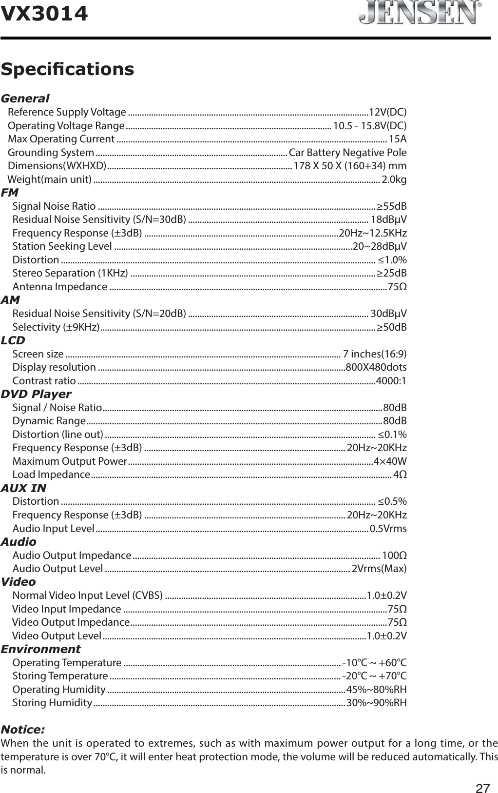 27VX3014General   Reference Supply Voltage ........................................................................................................12V(DC)   Operating Voltage Range......................................................................................... 10.5 - 15.8V(DC)   Max Operating Current ..................................................................................................................... 15A   Grounding System................................................................................... Car Battery Negative Pole   Dimensions(WXHXD)................................................................................178 X 50 X (160+34) mm   Weight(main unit) ............................................................................................................................ 2.0kgFM     Signal Noise Ratio ........................................................................................................................&ge;55dB     Residual Noise Sensitivity (S/N=30dB) .............................................................................. 18dB&mu;V     Frequency Response (&plusmn;3dB) ....................................................................................20Hz~12.5KHz     Station Seeking Level .......................................................................................................20~28dB&mu;V     Distortion ........................................................................................................................................ &le;1.0%     Stereo Separation (1KHz) ..........................................................................................................&ge;25dB     Antenna Impedance ........................................................................................................................75&Omega;AM     Residual Noise Sensitivity (S/N=20dB) .............................................................................. 30dB&mu;V     Selectivity (&plusmn;9KHz).......................................................................................................................&ge;50dBLCD     Screen size ....................................................................................................................... 7 inches(16:9)     Display resolution ...........................................................................................................800X480dots     Contrast ratio.................................................................................................................................4000:1DVD Player     Signal / Noise Ratio.........................................................................................................................80dB     Dynamic Range................................................................................................................................80dB     Distortion (line out) ..................................................................................................................... &le;0.1%     Frequency Response (&plusmn;3dB) ....................................................................................... 20Hz~20KHz     Maximum Output Power..........................................................................................................4&times;40W     Load Impedance.................................................................................................................................. 4&Omega;AUX IN     Distortion ........................................................................................................................................ &le;0.5%     Frequency Response (&plusmn;3dB) ....................................................................................... 20Hz~20KHz     Audio Input Level......................................................................................................................0.5VrmsAudio     Audio Output Impedance........................................................................................................... 100&Omega;     Audio Output Level .......................................................................................................... 2Vrms(Max)Video     Normal Video Input Level (CVBS) .......................................................................................1.0&plusmn;0.2V     Video Input Impedance ..................................................................................................................75&Omega;     Video Output Impedance...............................................................................................................75&Omega;     Video Output Level..................................................................................................................1.0&plusmn;0.2VEnvironment     Operating Temperature .............................................................................................. -10&deg;C ~ +60&deg;C     Storing Temperature .................................................................................................... -20&deg;C ~ +70&deg;C     Operating Humidity .......................................................................................................45%~80%RH     Storing Humidity.............................................................................................................30%~90%RHNotice:When the unit is operated to extremes, such as with maximum power output for a long time, or the temperature is over 70&deg;C, it will enter heat protection mode, the volume will be reduced automatically. This is normal. 6SHFL&iquest;FDWLRQV