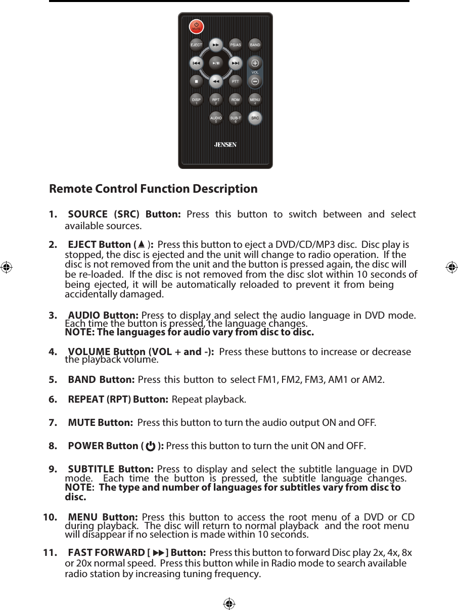 Remote Control Function Description1. SOURCE (SRC) Button: Press this button to switch between and selectavailable sources.2. EJECT Button (  ):  Press this button to eject a DVD/CD/MP3 disc.  Disc play isstopped, the disc is ejected and the unit will change to radio operation.  If thedisc is not removed from the unit and the button is pressed again, the disc willbe re-loaded.  If the disc is not removed from the disc slot within 10 seconds ofbeing ejected, it will be automatically reloaded to prevent it from beingaccidentally damaged.3. AUDIO Button: Press to display and select the audio language in DVD mode.Each time the button is pressed, the language changes.NOTE: The languages for audio vary from disc to disc.4. VOLUME Button (VOL + and -):  Press these buttons to increase or decreasethe playback volume.5. BAND Button: Press this button to select FM1, FM2, FM3, AM1 or AM2.6. REPEAT (RPT) Button:  Repeat playback.7. MUTE Button:  Press this button to turn the audio output ON and OFF.8. POWER Button (   ): Press this button to turn the unit ON and OFF.9. SUBTITLE Button: Press to display and select the subtitle language in DVDmode.  Each time the button is pressed, the subtitle language changes.NOTE:  The type and number of languages for subtitles vary from disc todisc.10. MENU Button: Press this button to access the root menu of a DVD or CDduring playback.  The disc will return to normal playback  and the root menuwill disappear if no selection is made within 10 seconds.11. FAST FORWARD [ ] Button:  Press this button to forward Disc play 2x, 4x, 8xor 20x normal speed.  Press this button while in Radio mode to search availableradio station by increasing tuning frequency.