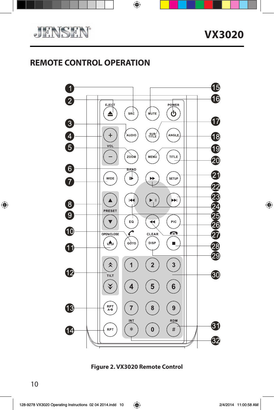 10VX3020REMOTE CONTROL OPERATIONFigure 2. VX3020 Remote Control128-9278 VX3020 Operating Instructions  02 04 2014.indd   10 2/4/2014   11:00:58 AM