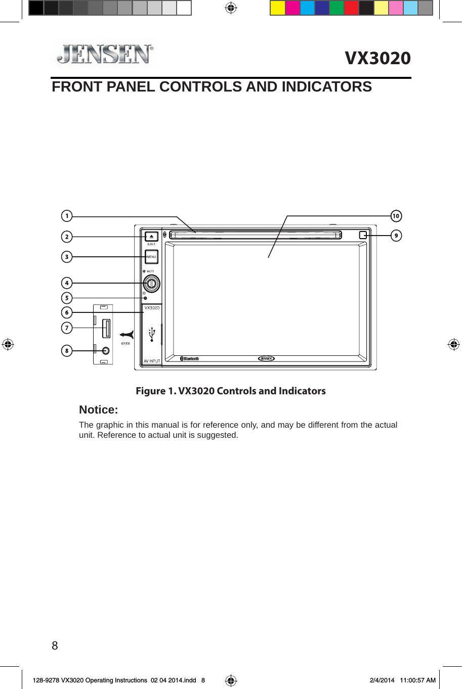 8VX3020Figure 1. VX3020 Controls and IndicatorsFRONT PANEL CONTROLS AND INDICATORSNotice:The graphic in this manual is for reference only, and may be different from the actual unit. Reference to actual unit is suggested.128-9278 VX3020 Operating Instructions  02 04 2014.indd   8 2/4/2014   11:00:57 AM
