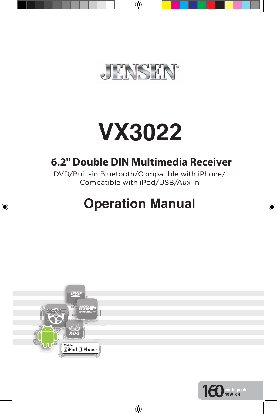 VX3022Operation Manual6.2" Double DIN Multimedia Receiver160watts peak40W x 4