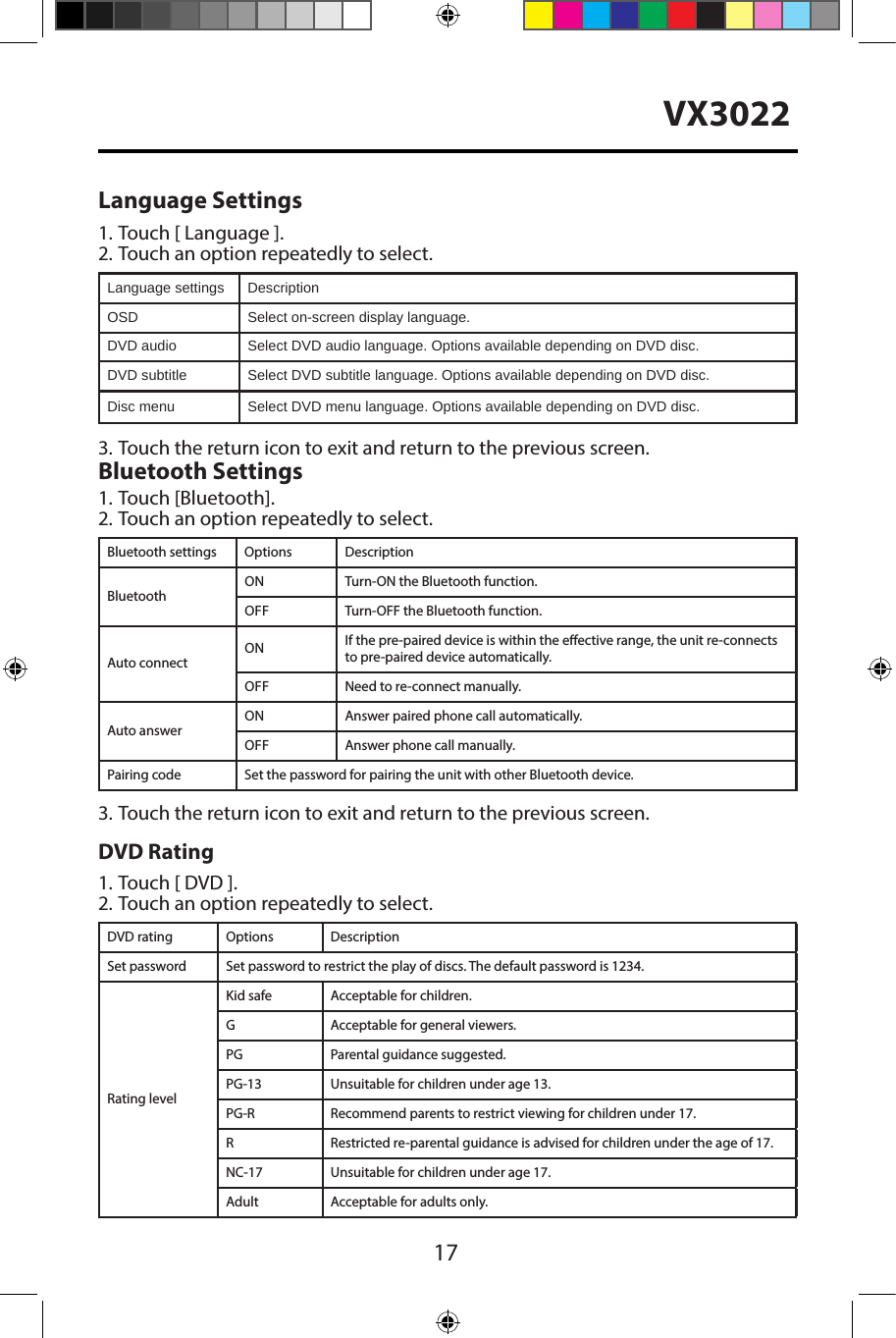 17VX3022Language Settings1. Touch [ Language ].2. Touch an option repeatedly to select.Language settings DescriptionOSD Select on-screen display language.DVD audio Select DVD audio language. Options available depending on DVD disc.DVD subtitle Select DVD subtitle language. Options available depending on DVD disc.Disc menu Select DVD menu language. Options available depending on DVD disc.3. Touch the return icon to exit and return to the previous screen.Bluetooth Settings1. Touch [Bluetooth].2. Touch an option repeatedly to select.Bluetooth settings Options DescriptionBluetoothON Turn-ON the Bluetooth function.OFF Turn-OFF the Bluetooth function.Auto connectON If the pre-paired device is within the eective range, the unit re-connects to pre-paired device automatically.OFF Need to re-connect manually.Auto answerON Answer paired phone call automatically.OFF Answer phone call manually.Pairing code Set the password for pairing the unit with other Bluetooth device.3. Touch the return icon to exit and return to the previous screen.DVD Rating1. Touch [ DVD ].2. Touch an option repeatedly to select.DVD rating Options DescriptionSet password Set password to restrict the play of discs. The default password is 1234.Rating levelKid safe Acceptable for children.G Acceptable for general viewers.PG Parental guidance suggested.PG-13 Unsuitable for children under age 13.PG-R Recommend parents to restrict viewing for children under 17.R Restricted re-parental guidance is advised for children under the age of 17.NC-17 Unsuitable for children under age 17.Adult Acceptable for adults only.