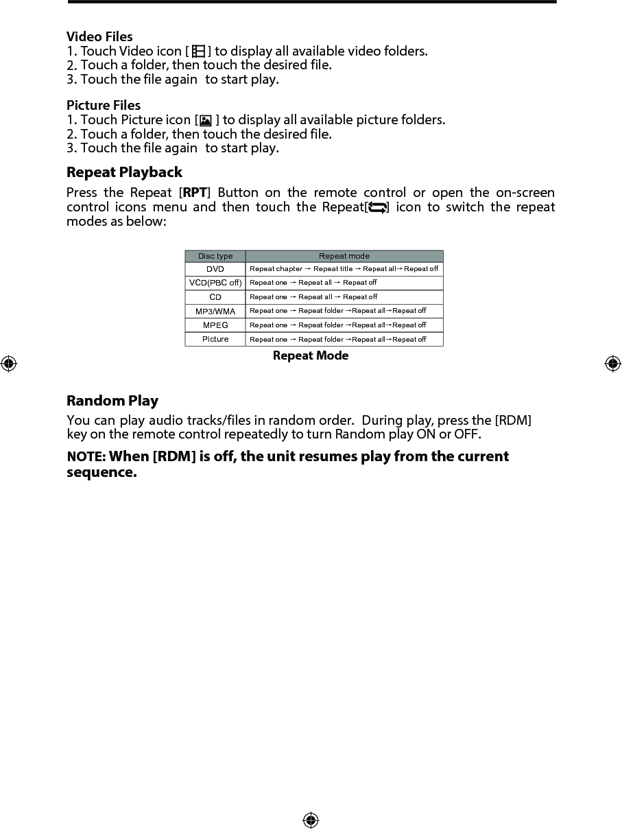 Video Files1. Touch Video icon [  ] to display all available video folders.2. Touch a folder, then touch the desired file.3. Touch the file again to start play.Picture Files1. Touch Picture icon [  ] to display all available picture folders.2. Touch a folder, then touch the desired file.3. Touch the file again to start play.Repeat PlaybackPress  the  Repeat  [RPT]  Button  on  the  remote  control  or  open  the  on-screen control  icons  menu  and  then  touch  the  Repeat[     ]  icon  to  switch  the  repeat modes as below:Random PlayYou can play audio tracks/files in random order.  During play, press the [RDM] key on the remote control repeatedly to turn Random play ON or OFF. NOTE: When [RDM] is off, the unit resumes play from the current sequence.Repeat chapter ė Repeat title ėDVDVCD(PBC off) Repeat one ė Repeat all ėRepeat offMP3/WMADisctype RepeatmodePictureCDMPEGRepeat one ėRepeat allėRepeat offRepeat allėRepeat offRepeat one ė Repeat folder ėRepeat allėRepeat offRepeat one ė Repeat folder ėRepeat allėRepeat offRepeat one ė Repeat folder ėRepeat allėRepeat offRepeat Mode 