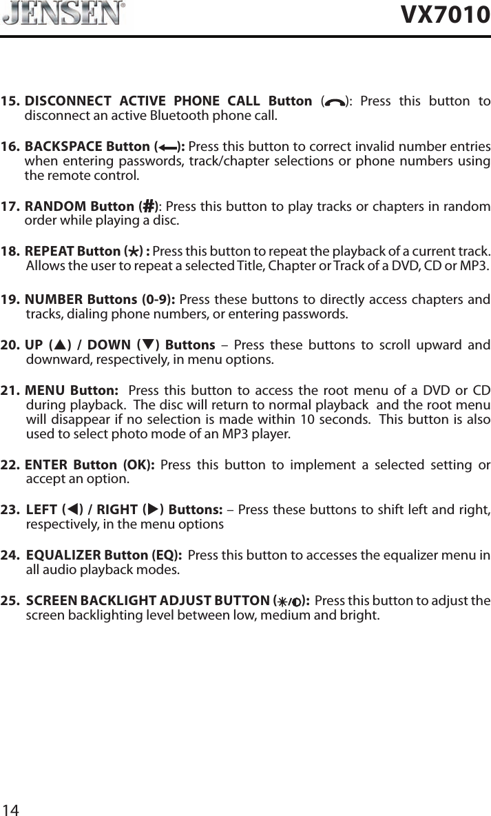 14VX701015.   DISCONNECT ACTIVE PHONE CALL Button ( ): Press this button to disconnect an active Bluetooth phone call.16.    BACKSPACE Button ( ): Press this button to correct invalid number entries when entering passwords, track/chapter selections or phone numbers using the remote control.17.   RANDOM  Button ( ): Press this button to play tracks or chapters in random order while playing a disc. 18.   REPEAT  Button   : Press this button to repeat the playback of a current track. Allows the user to repeat a selected Title, Chapter or Track of a DVD, CD or MP3. 19.  NUMBER Buttons (0-9): Press these buttons to directly access chapters and tracks, dialing phone numbers, or entering passwords. 20.  UP (p) / DOWN q) Buttons &ndash; Press these buttons to scroll upward and downward, respectively, in menu options. 21.  MENU Button:  Press this button to access the root menu of a DVD or CD during playback.  The disc will return to normal playback  and the root menu will disappear if no selection is made within 10 seconds.  This button is also used to select photo mode of an MP3 player.22.  ENTER Button (OK): Press this button to implement a selected setting or accept an option. 23.  LEFT t / RIGHT u Buttons: &ndash; Press these buttons to shift left and right, respectively, in the menu options24.  EQUALIZER Button (EQ):  Press this button to accesses the equalizer menu in all audio playback modes.25.  SCREEN BACKLIGHT ADJUST BUTTON  :  Press this button to adjust the screen backlighting level between low, medium and bright.