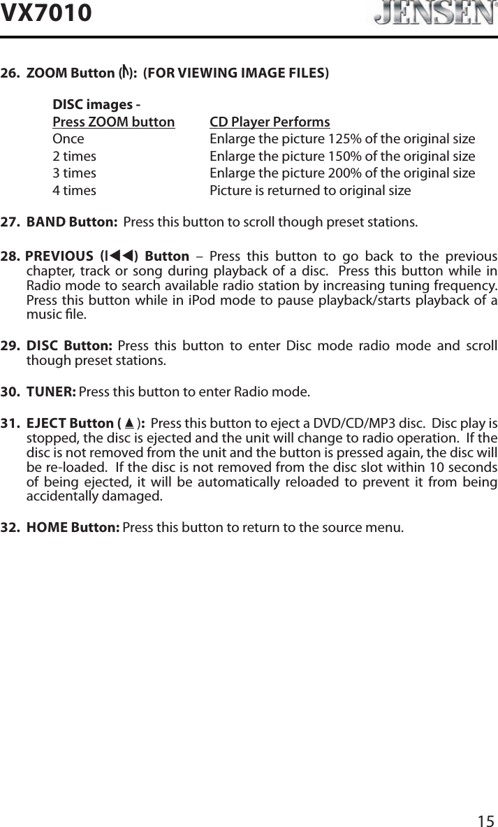 15VX701026.  ZOOM Button ( ):  (FOR VIEWING IMAGE FILES)  DISC images -  Press ZOOM button CD Player Performs  Once       Enlarge the picture 125% of the original size        2 times       Enlarge the picture 150% of the original size        3 times       Enlarge the picture 200% of the original size        4 times       Picture is returned to original size27.  BAND Button:  Press this button to scroll though preset stations.28.  PREVIOUS ltt)  Button &ndash; Press this button to go back to the previous  chapter, track or song during playback of a disc.  Press this button while in Radio mode to search available radio station by increasing tuning frequency.  Press this button while in iPod mode to pause playback/starts playback of a music le.29.  DISC  Button:  Press this button to enter Disc mode radio mode and scroll though preset stations. 30.  TUNER: Press this button to enter Radio mode. 31.  EJECT Button (  ):  Press this button to eject a DVD/CD/MP3 disc.  Disc play is stopped, the disc is ejected and the unit will change to radio operation.  If the disc is not removed from the unit and the button is pressed again, the disc will be re-loaded.  If the disc is not removed from the disc slot within 10 seconds of being ejected, it will be automatically reloaded to prevent it from being accidentally damaged.32.  HOME Button: Press this button to return to the source menu. 