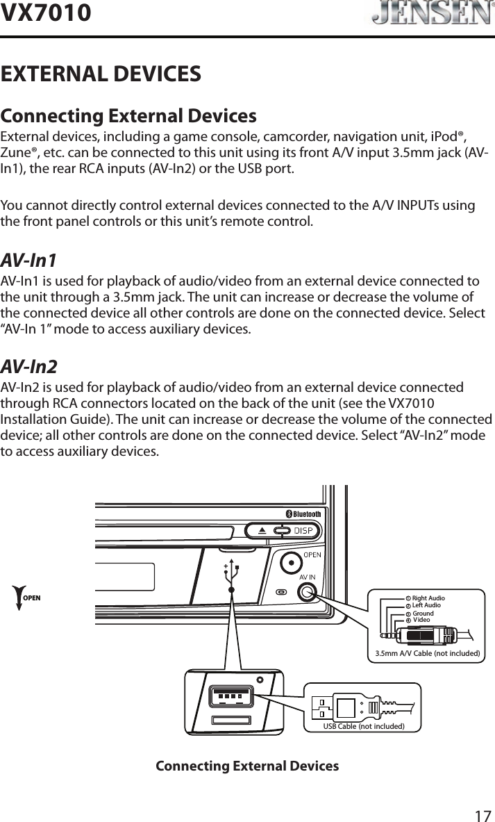 17VX7010EXTERNAL DEVICESConnecting External DevicesExternal devices, including a game console, camcorder, navigation unit, iPod&reg;, Zune&reg;, etc. can be connected to this unit using its front A/V input 3.5mm jack (AV-In1), the rear RCA inputs (AV-In2) or the USB port.You cannot directly control external devices connected to the A/V INPUTs using the front panel controls or this unit&rsquo;s remote control.AV-In1AV-In1 is used for playback of audio/video from an external device connected to the unit through a 3.5mm jack. The unit can increase or decrease the volume of the connected device all other controls are done on the connected device. Select &ldquo;AV-In 1&rdquo; mode to access auxiliary devices.AV-In2AV-In2 is used for playback of audio/video from an external device connected through RCA connectors located on the back of the unit (see the VX7010 Installation Guide). The unit can increase or decrease the volume of the connected device; all other controls are done on the connected device. Select &ldquo;AV-In2&rdquo; mode to access auxiliary devices.3.5mmA/V Cable (not included)VideoLeft AudioRight AudioGround1234OPENUSB Cable (not included)Connecting External Devices