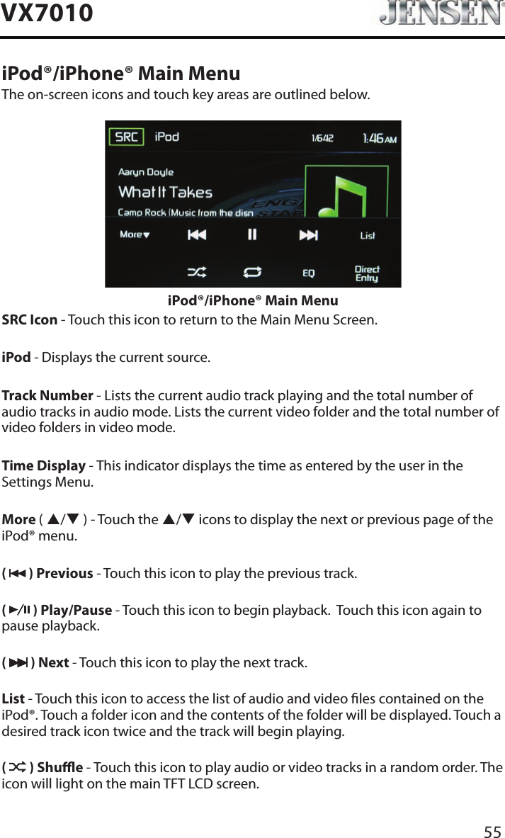 55VX7010iPod&reg;/iPhone&reg; Main MenuThe on-screen icons and touch key areas are outlined below.iPod&reg;/iPhone&reg; Main MenuSRC Icon - Touch this icon to return to the Main Menu Screen. iPod - Displays the current source.Track Number - Lists the current audio track playing and the total number of audio tracks in audio mode. Lists the current video folder and the total number of video folders in video mode.Time Display - This indicator displays the time as entered by the user in the Settings Menu.More ( p/q ) - Touch the p/q icons to display the next or previous page of the iPod&reg; menu.(   ) Previous - Touch this icon to play the previous track.(   ) Play/Pause - Touch this icon to begin playback.  Touch this icon again to pause playback.(   ) Next - Touch this icon to play the next track.List - Touch this icon to access the list of audio and video les contained on the iPod&reg;. Touch a folder icon and the contents of the folder will be displayed. Touch a desired track icon twice and the track will begin playing. (   ) Shue - Touch this icon to play audio or video tracks in a random order. The icon will light on the main TFT LCD screen.