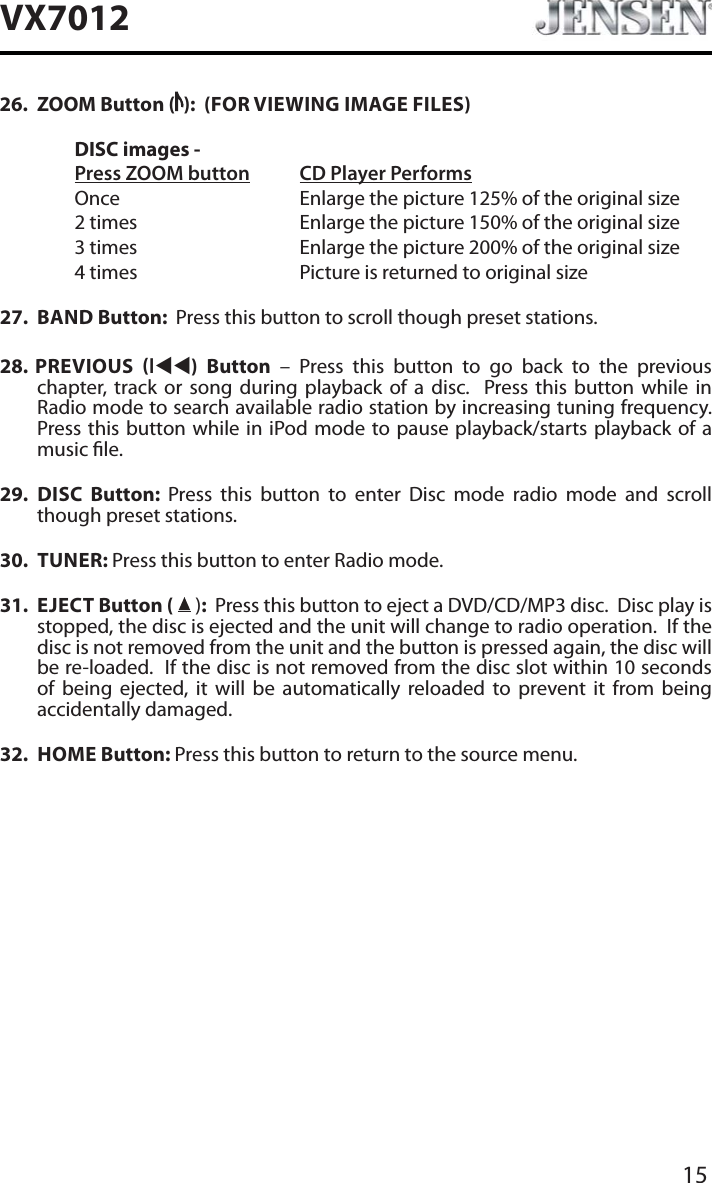 15VX701226. ZOOM Button ( ):  (FOR VIEWING IMAGE FILES)DISC images - Press ZOOM button CD Player PerformsOnce       Enlarge the picture 125% of the original size2 times       Enlarge the picture 150% of the original size3 times       Enlarge the picture 200% of the original size4 times       Picture is returned to original size27. BAND Button:  Press this button to scroll though preset stations.28. PREVIOUS lWW) Button &ndash; Press this button to go back to the previous  chapter, track or song during playback of a disc.  Press this button while in Radio mode to search available radio station by increasing tuning frequency.  Press this button while in iPod mode to pause playback/starts playback of a music le.29. DISC  Button:  Press this button to enter Disc mode radio mode and scroll though preset stations. 30. TUNER: Press this button to enter Radio mode. 31. EJECT Button (  ):Press this button to eject a DVD/CD/MP3 disc.  Disc play is stopped, the disc is ejected and the unit will change to radio operation.  If the disc is not removed from the unit and the button is pressed again, the disc will be re-loaded.  If the disc is not removed from the disc slot within 10 seconds of being ejected, it will be automatically reloaded to prevent it from being accidentally damaged.32. HOME Button: Press this button to return to the source menu. 