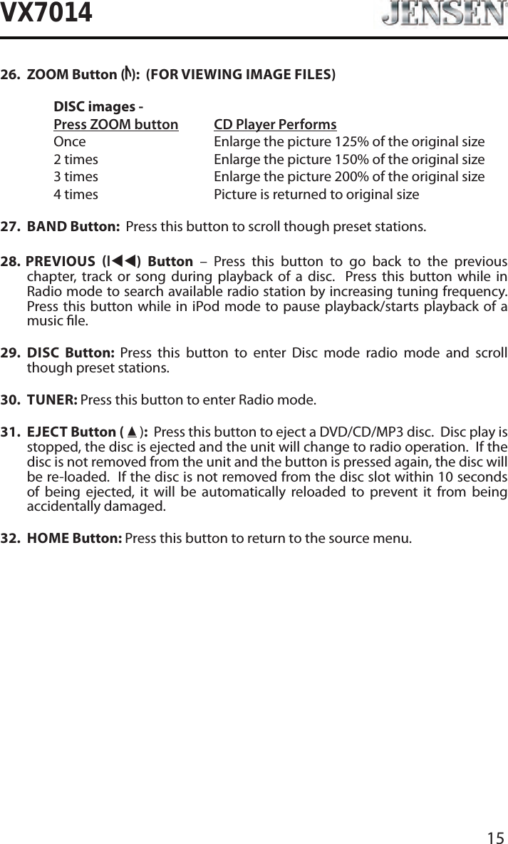 15VX701426.  ZOOM Button ( ):  (FOR VIEWING IMAGE FILES)  DISC images -  Press ZOOM button CD Player Performs  Once       Enlarge the picture 125% of the original size        2 times       Enlarge the picture 150% of the original size        3 times       Enlarge the picture 200% of the original size        4 times       Picture is returned to original size27.  BAND Button:  Press this button to scroll though preset stations.28.  PREVIOUS ltt)  Button &ndash; Press this button to go back to the previous  chapter, track or song during playback of a disc.  Press this button while in Radio mode to search available radio station by increasing tuning frequency.  Press this button while in iPod mode to pause playback/starts playback of a music le.29.  DISC  Button:  Press this button to enter Disc mode radio mode and scroll though preset stations. 30.  TUNER: Press this button to enter Radio mode. 31.  EJECT Button (  ):  Press this button to eject a DVD/CD/MP3 disc.  Disc play is stopped, the disc is ejected and the unit will change to radio operation.  If the disc is not removed from the unit and the button is pressed again, the disc will be re-loaded.  If the disc is not removed from the disc slot within 10 seconds of being ejected, it will be automatically reloaded to prevent it from being accidentally damaged.32.  HOME Button: Press this button to return to the source menu. 
