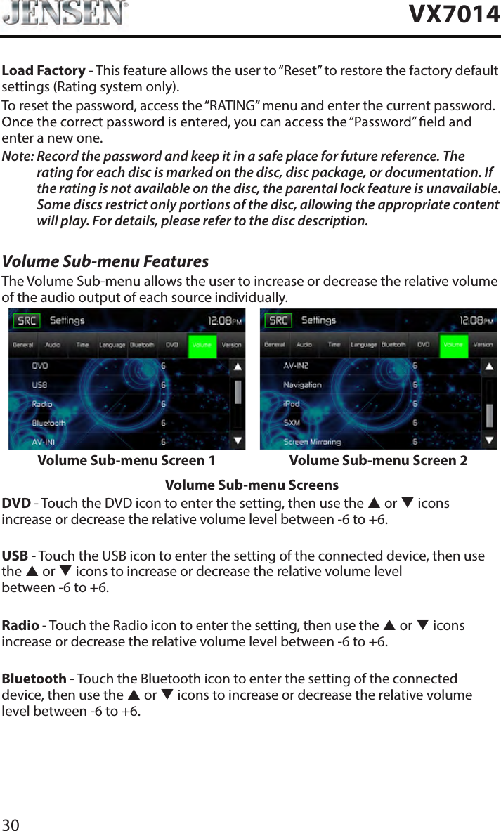 30VX7014Load Factory - This feature allows the user to &ldquo;Reset&rdquo; to restore the factory default settings (Rating system only).To reset the password, access the &ldquo;RATING&rdquo; menu and enter the current password. enter a new one.Note:  Record the password and keep it in a safe place for future reference. The rating for each disc is marked on the disc, disc package, or documentation. If the rating is not available on the disc, the parental lock feature is unavailable. Some discs restrict only portions of the disc, allowing the appropriate content will play. For details, please refer to the disc description.Volume Sub-menu FeaturesThe Volume Sub-menu allows the user to increase or decrease the relative volume of the audio output of each source individually.Volume Sub-menu Screen 1 Volume Sub-menu Screen 2Volume Sub-menu ScreensDVD - Touch the DVD icon to enter the setting, then use the  or  icons increase or decrease the relative volume level between -6 to +6.USB - Touch the USB icon to enter the setting of the connected device, then use the  or  icons to increase or decrease the relative volume level  between -6 to +6.Radio - Touch the Radio icon to enter the setting, then use the  or  icons increase or decrease the relative volume level between -6 to +6.Bluetooth - Touch the Bluetooth icon to enter the setting of the connected device, then use the  or  icons to increase or decrease the relative volume level between -6 to +6.