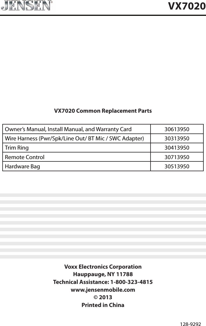 VX7020 Common Replacement PartsOwner&rsquo;s Manual, Install Manual, and Warranty Card   30613950 Wire Harness (Pwr/Spk/Line Out/ BT Mic / SWC Adapter) 30313950Trim Ring 30413950Remote Control 30713950Hardware Bag 30513950Voxx Electronics CorporationHauppauge, NY 11788Technical Assistance: 1-800-323-4815www.jensenmobile.com&copy; 2013Printed in China 128-9292VX7020
