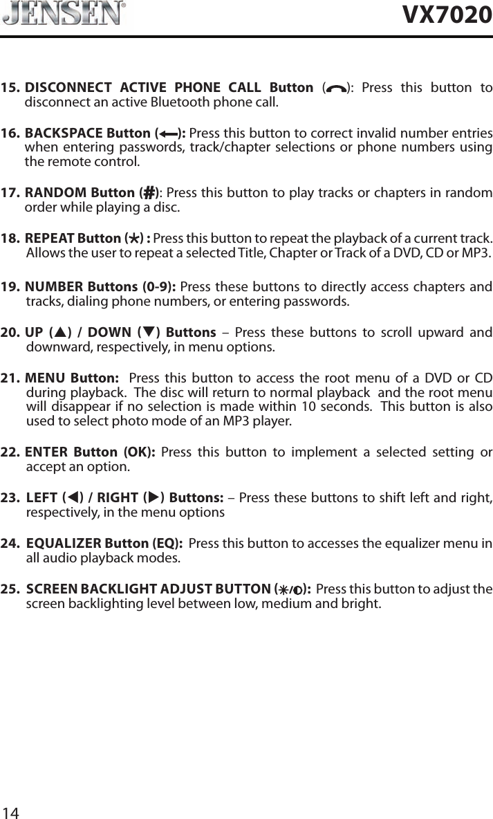 14VX702015.   DISCONNECT ACTIVE PHONE CALL Button ( ): Press this button to disconnect an active Bluetooth phone call.16.    BACKSPACE Button ( ): Press this button to correct invalid number entries when entering passwords, track/chapter selections or phone numbers using the remote control.17.   RANDOM  Button ( ): Press this button to play tracks or chapters in random order while playing a disc. 18.   REPEAT  Button   : Press this button to repeat the playback of a current track. Allows the user to repeat a selected Title, Chapter or Track of a DVD, CD or MP3. 19.  NUMBER Buttons (0-9): Press these buttons to directly access chapters and tracks, dialing phone numbers, or entering passwords. 20.  UP (p) / DOWN q) Buttons &ndash; Press these buttons to scroll upward and downward, respectively, in menu options. 21.  MENU Button:  Press this button to access the root menu of a DVD or CD during playback.  The disc will return to normal playback  and the root menu will disappear if no selection is made within 10 seconds.  This button is also used to select photo mode of an MP3 player.22.  ENTER Button (OK): Press this button to implement a selected setting or accept an option. 23.  LEFT t / RIGHT u Buttons: &ndash; Press these buttons to shift left and right, respectively, in the menu options24.  EQUALIZER Button (EQ):  Press this button to accesses the equalizer menu in all audio playback modes.25.  SCREEN BACKLIGHT ADJUST BUTTON  :  Press this button to adjust the screen backlighting level between low, medium and bright.